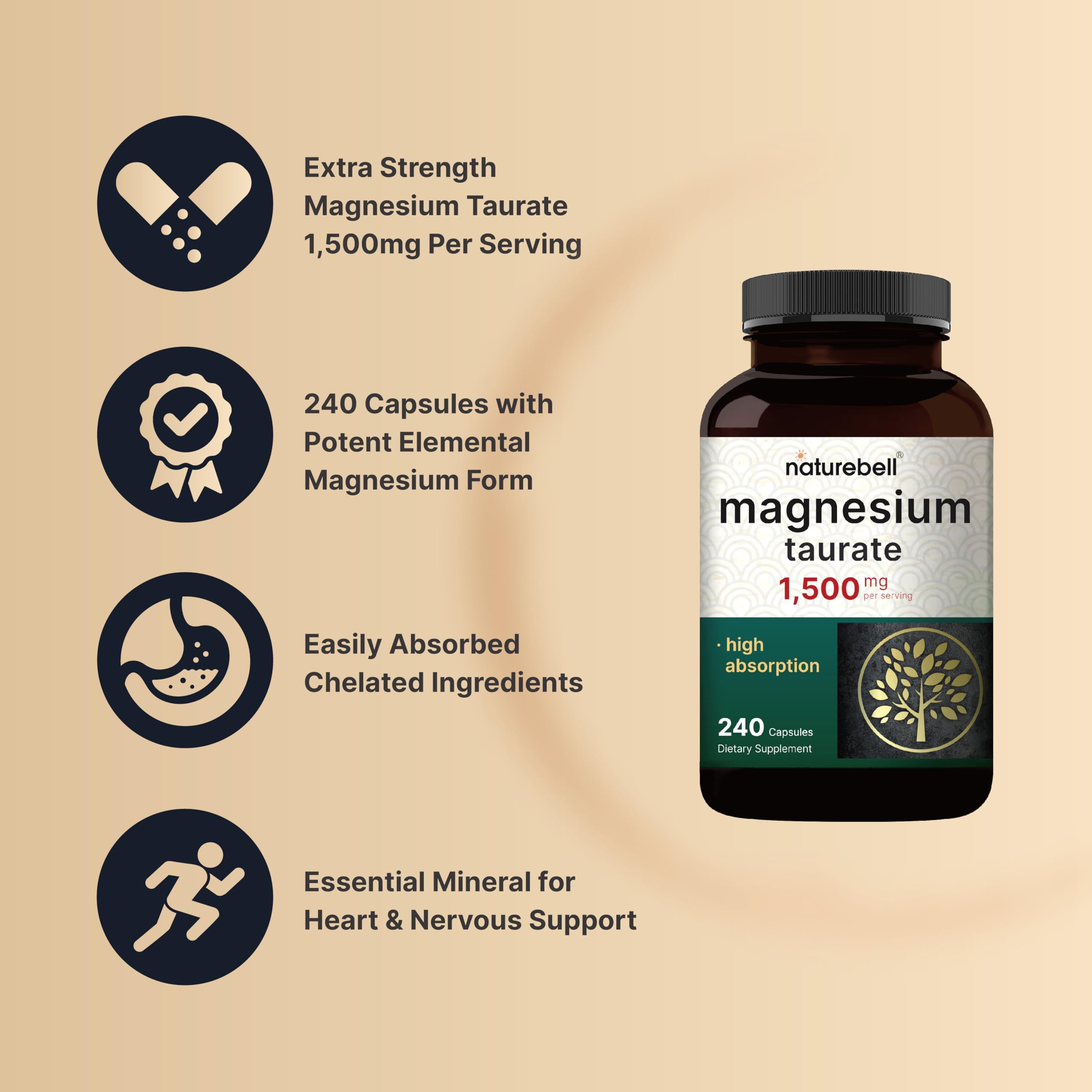 Foto 4 pulgar | Suplemento De Taurato De Magnesio Naturebell 1500 Mg 240 Cápsulas - Venta Internacional.
