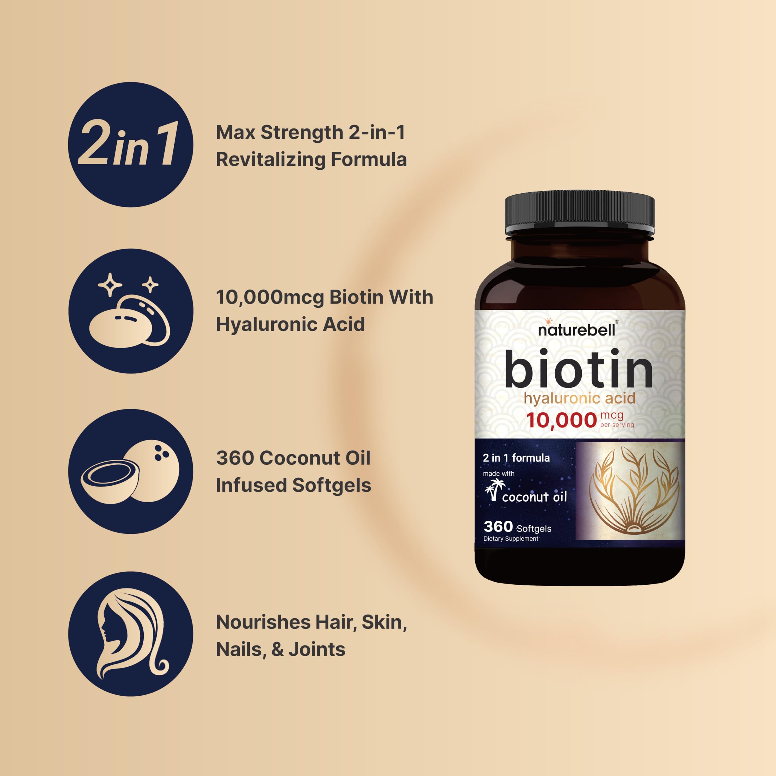 Foto 4 pulgar | Suplemento de Biotina Naturebell De 10000 Mcg Más Ácido Hialurónico De 25 Mg - Venta Internacional