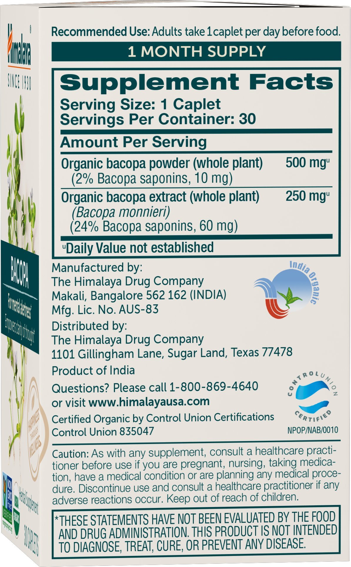 Foto 3 pulgar | Suplemento Orgánico Himalaya Bacopa Monnieri 750 Mg 30 Cápsulas - Venta Internacional.