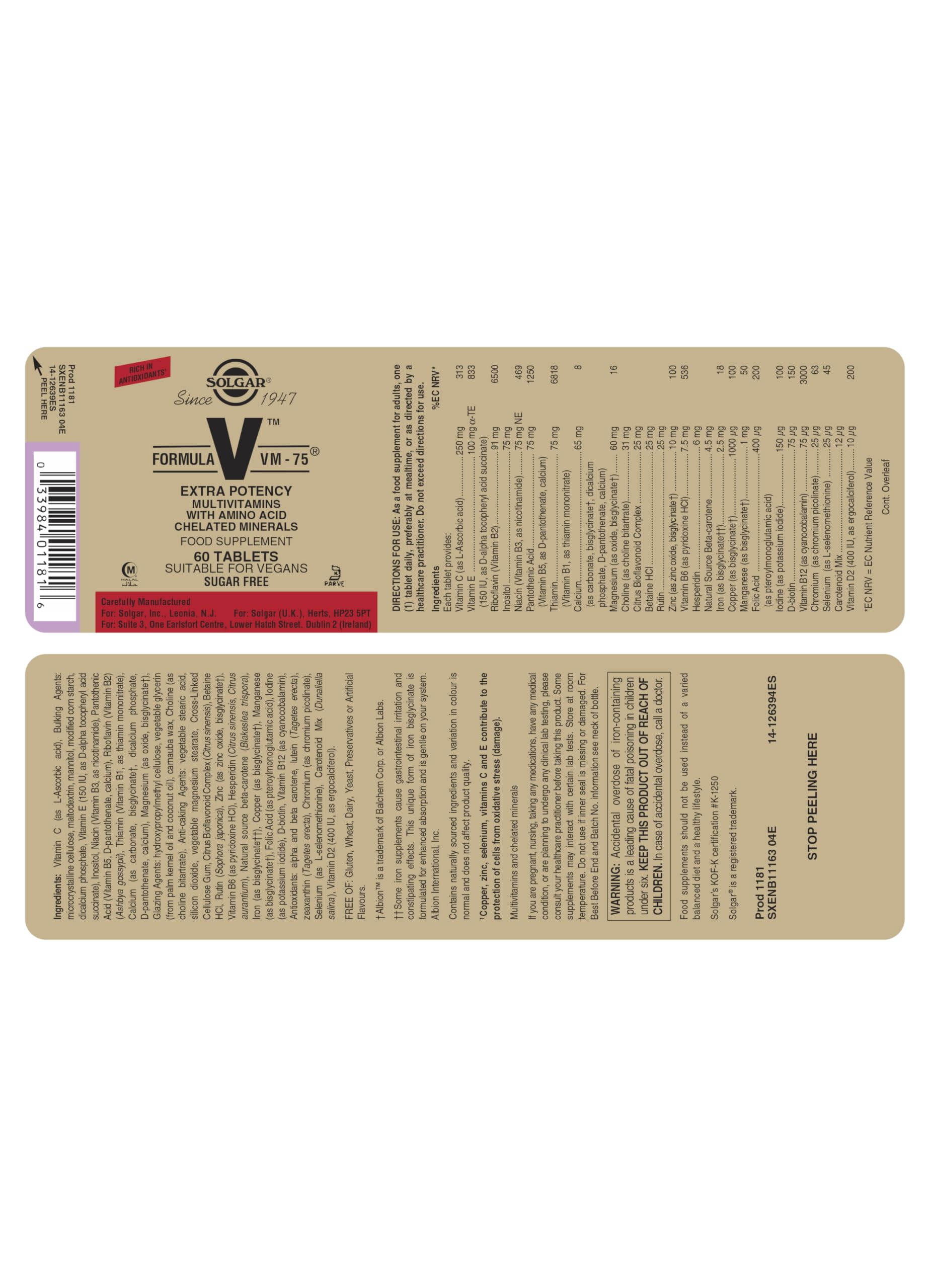 Foto 3 pulgar | Suplemento Multivitamínico Solgar Formula Vm-75, 60 Comprimidos - Venta Internacional.