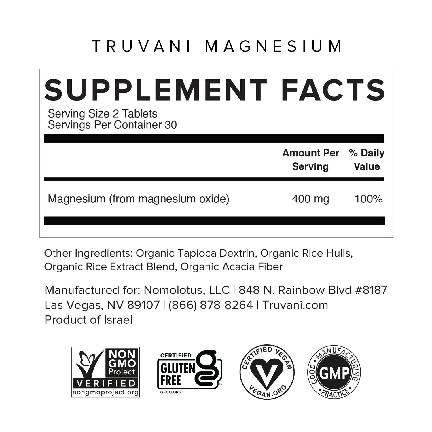 Foto 3 pulgar | Suplemento Truvani, Tabletas De Óxido De Magnesio De 400 Mg, 60 Tabletas - Venta Internacional.