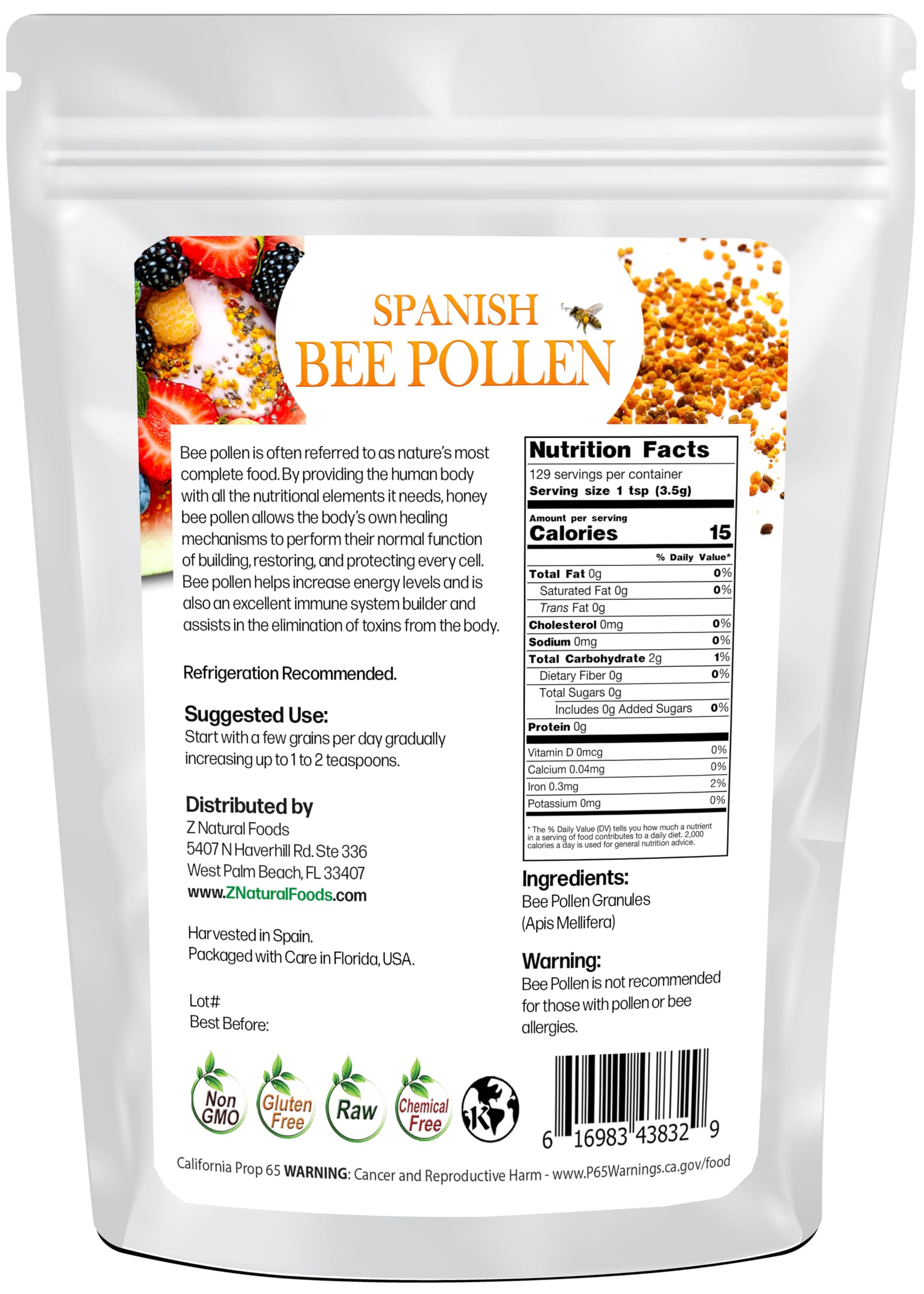 Foto 3 pulgar | Gránulos De Polen De Abeja Z Natural Foods Premium 454 G España - Venta Internacional.