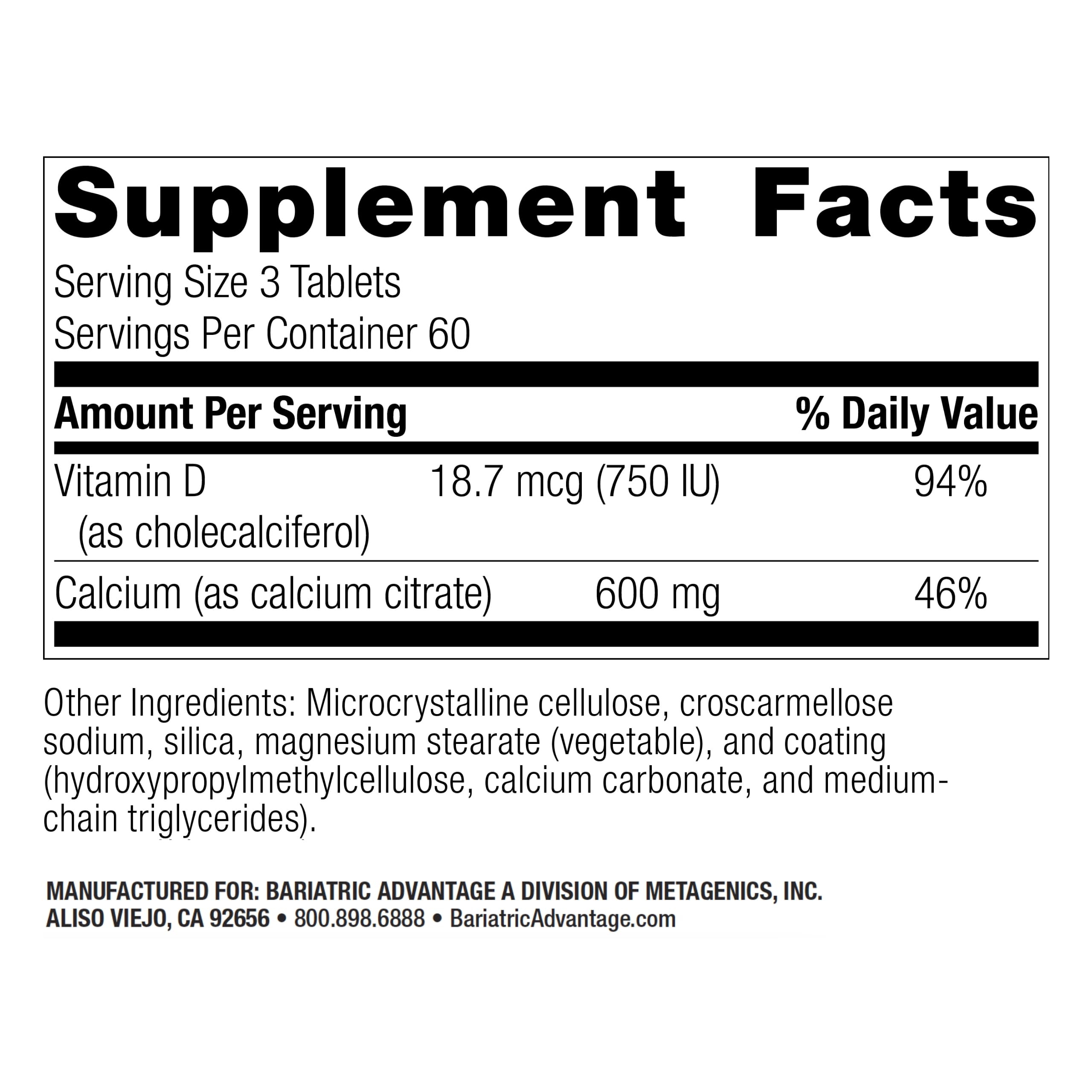 Foto 3 pulgar | Suplemento De Citrato De Calcio Bariatric Advantage 600 Mg - 180 Tabletas - Venta Internacional.