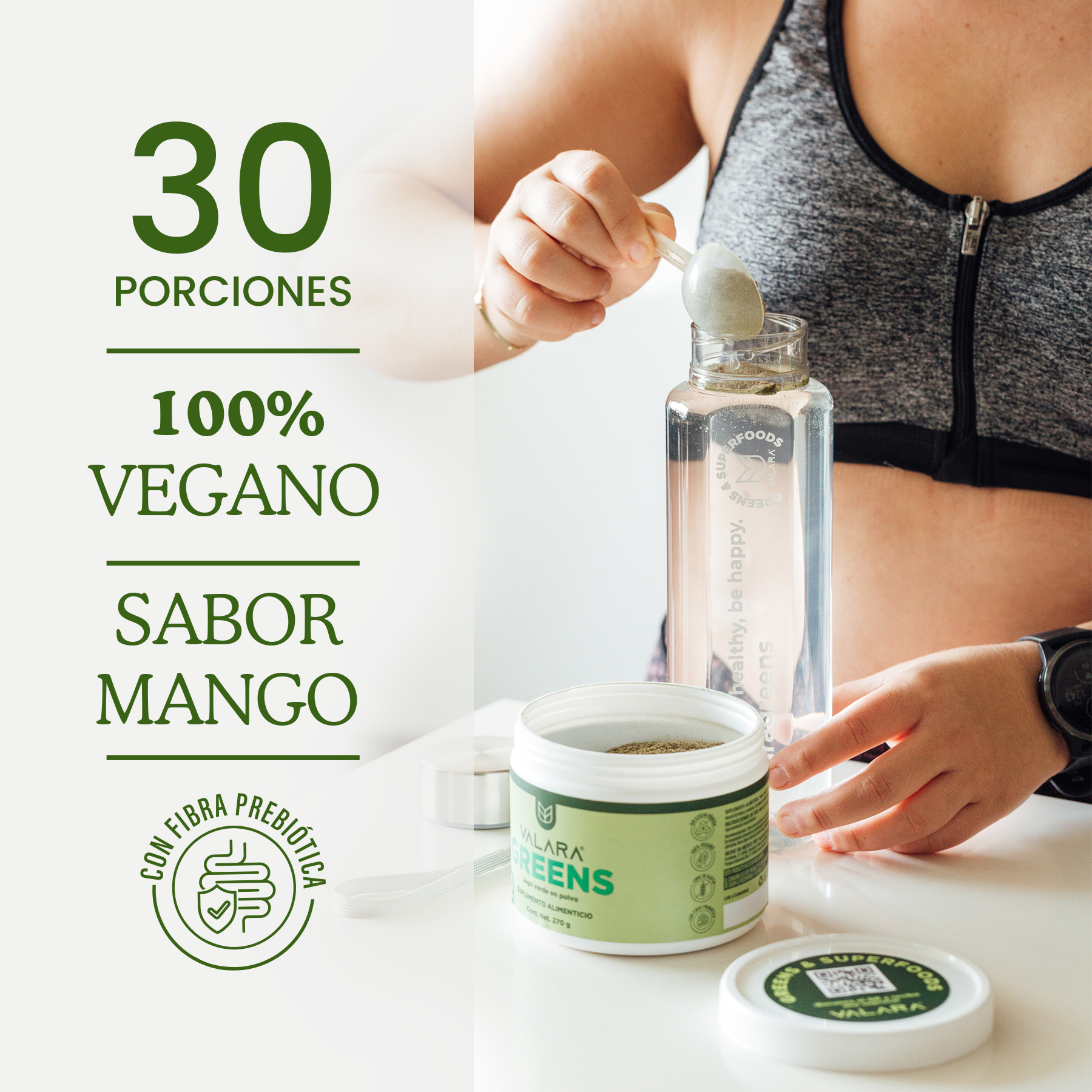 Foto 4 pulgar | Valara Greens Jugo Verde En Polvo Sabor Mango, Sin Azúcar, Alto En Fibra, Ingredientes Naturales 270gr