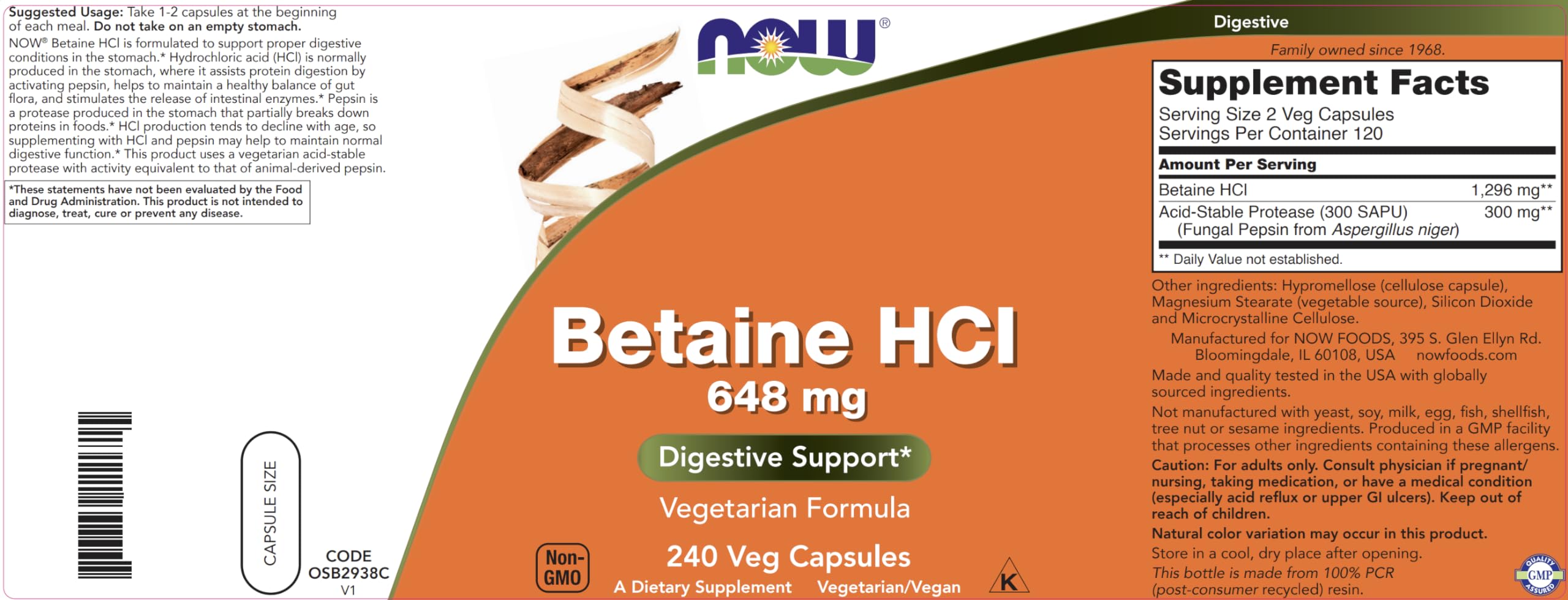 Foto 5 pulgar | Suplemento Now Foods Betaína Hcl 648 Mg 240 Cápsulas Vegetarianas - Venta Internacional.
