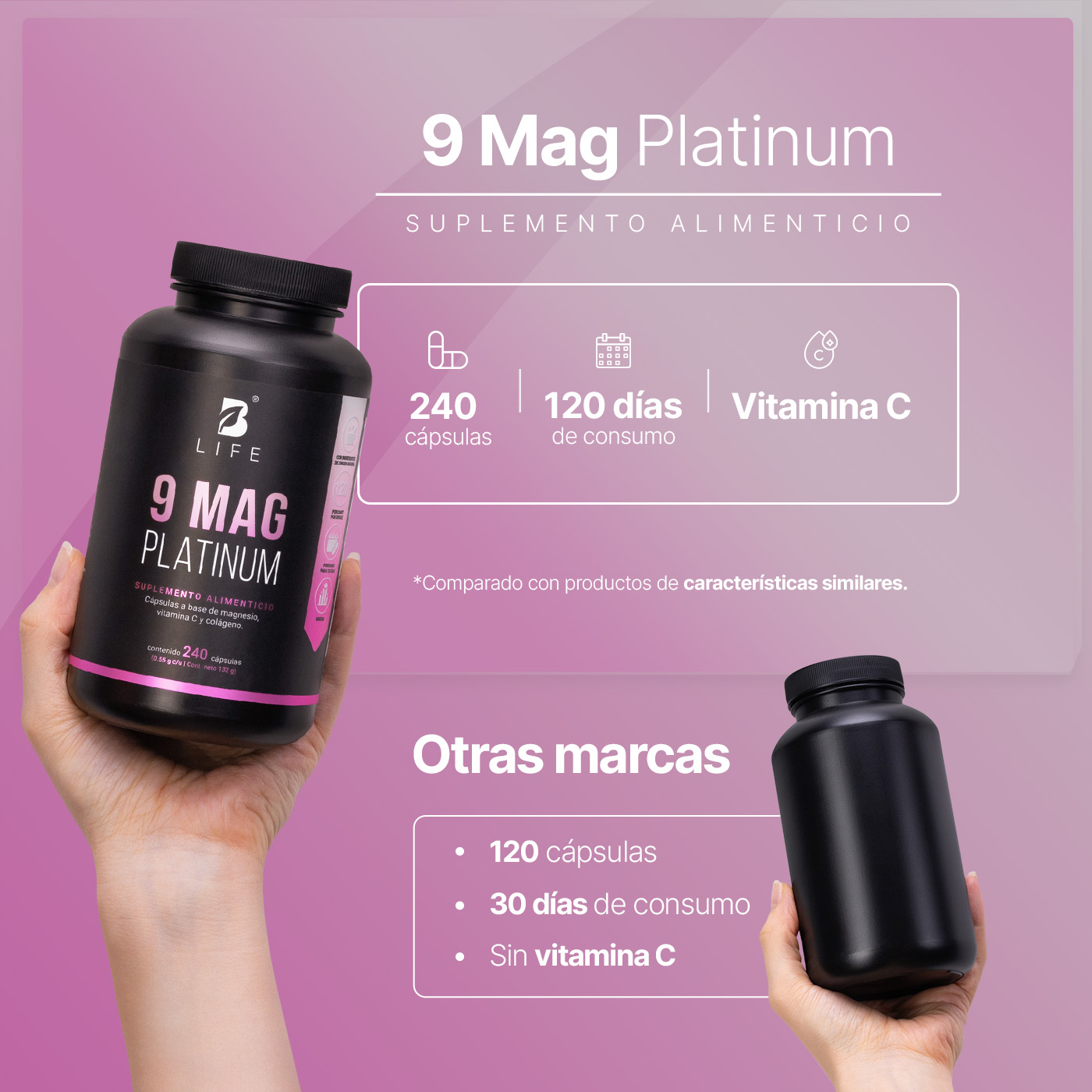 Foto 4 pulgar | Mezcla De Magnesios Premium | 240 Cápsulas | Adicionado Con Colágeno Hidrolizado Y Vitamina C | 9 Mag Platinum | B Lif