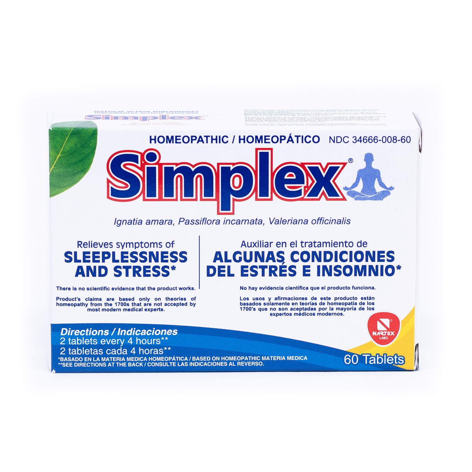 Tabletas Sedantes Homeopáticas Nartex Simplex 60 Tabletas - Venta Internacional.