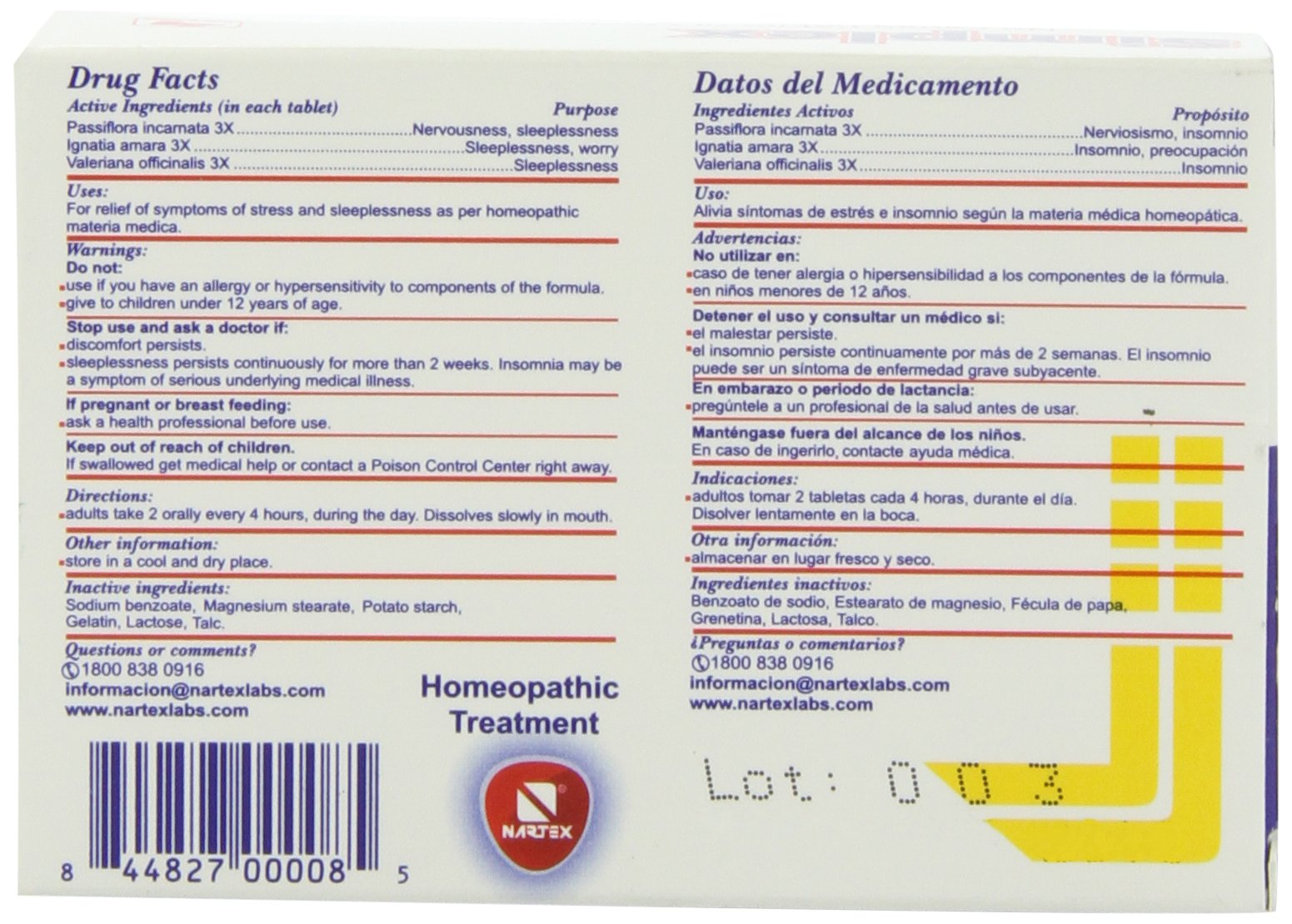 Foto 3 pulgar | Tabletas Sedantes Homeopáticas Nartex Simplex 60 Tabletas - Venta Internacional.