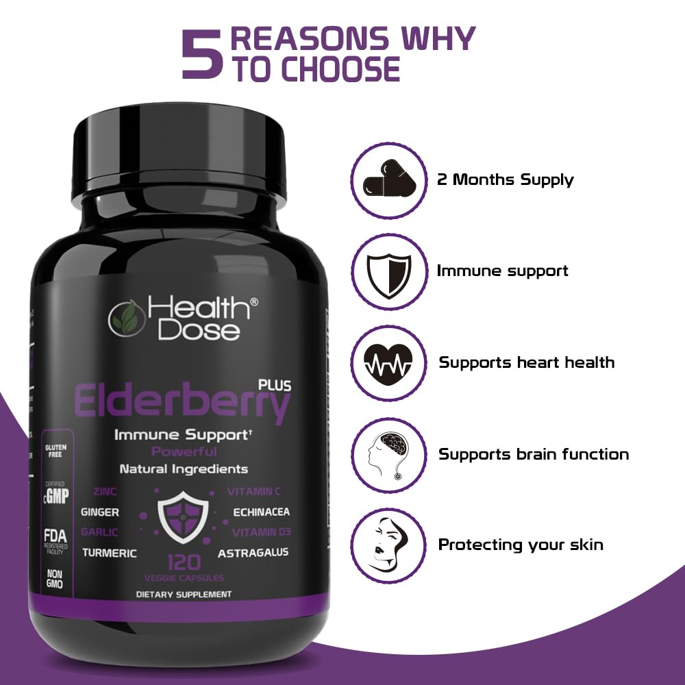 Foto 5 pulgar | Suplemento Health Dose Elderberry Plus Con Vitamina C 120 Cápsulas - Venta Internacional.
