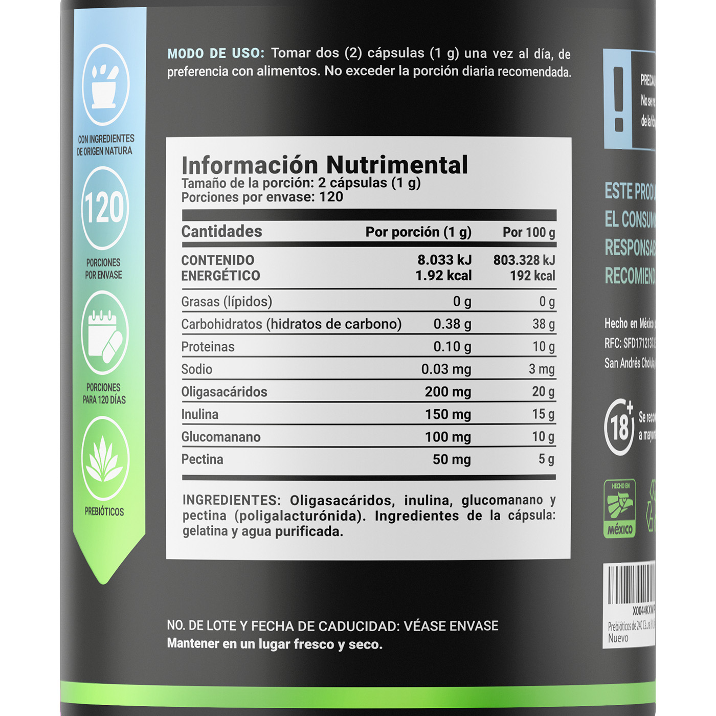 Foto 3 pulgar | Prebióticos 240 Cápsulas | 1000 Mg Por Porción Con Inulina, Glucomanano Y Pectina. Prebiotic Blend B Life.