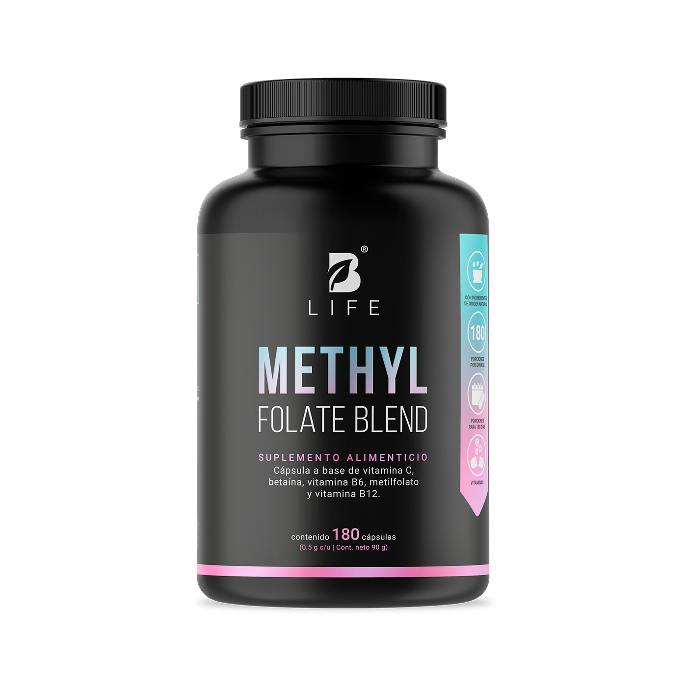 Foto 1 | Metil Folato | 180 Cápsulas | Adicionado Con Betaína, B6, B12 Y Vitamina C | Methyl Folate Blend | B Life.