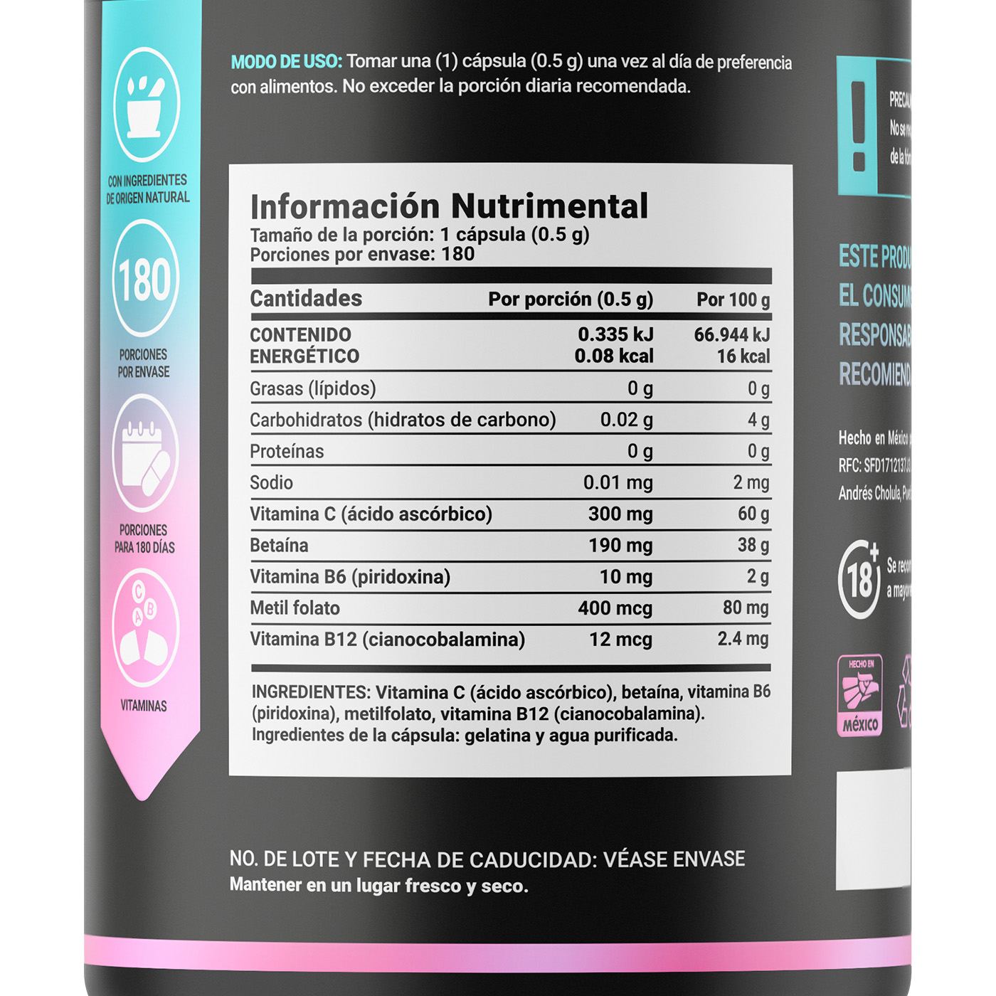 Foto 3 pulgar | Metil Folato | 180 Cápsulas | Adicionado Con Betaína, B6, B12 Y Vitamina C | Methyl Folate Blend | B Life.