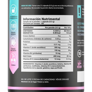 Foto 2 | Metil Folato | 180 Cápsulas | Adicionado Con Betaína, B6, B12 Y Vitamina C | Methyl Folate Blend | B Life.