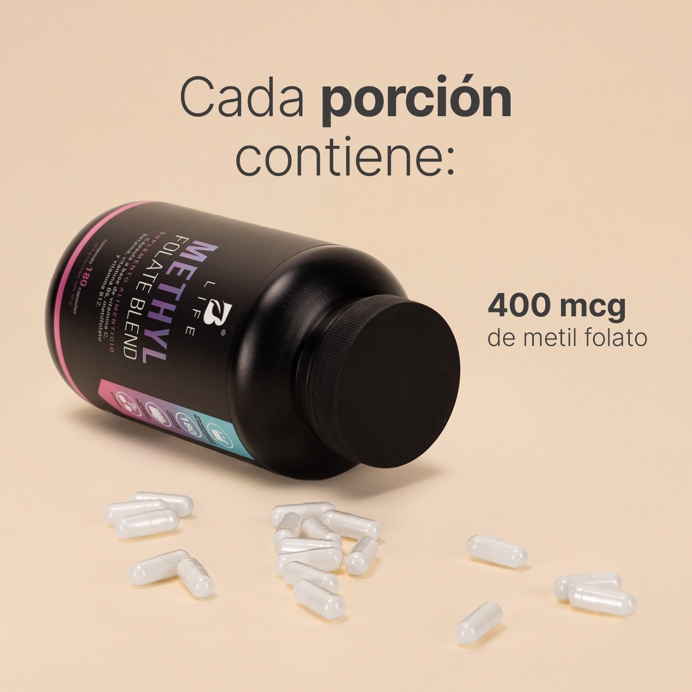Foto 6 pulgar | Metil Folato | 180 Cápsulas | Adicionado Con Betaína, B6, B12 Y Vitamina C | Methyl Folate Blend | B Life.