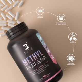 Foto 6 | Metil Folato | 180 Cápsulas | Adicionado Con Betaína, B6, B12 Y Vitamina C | Methyl Folate Blend | B Life.