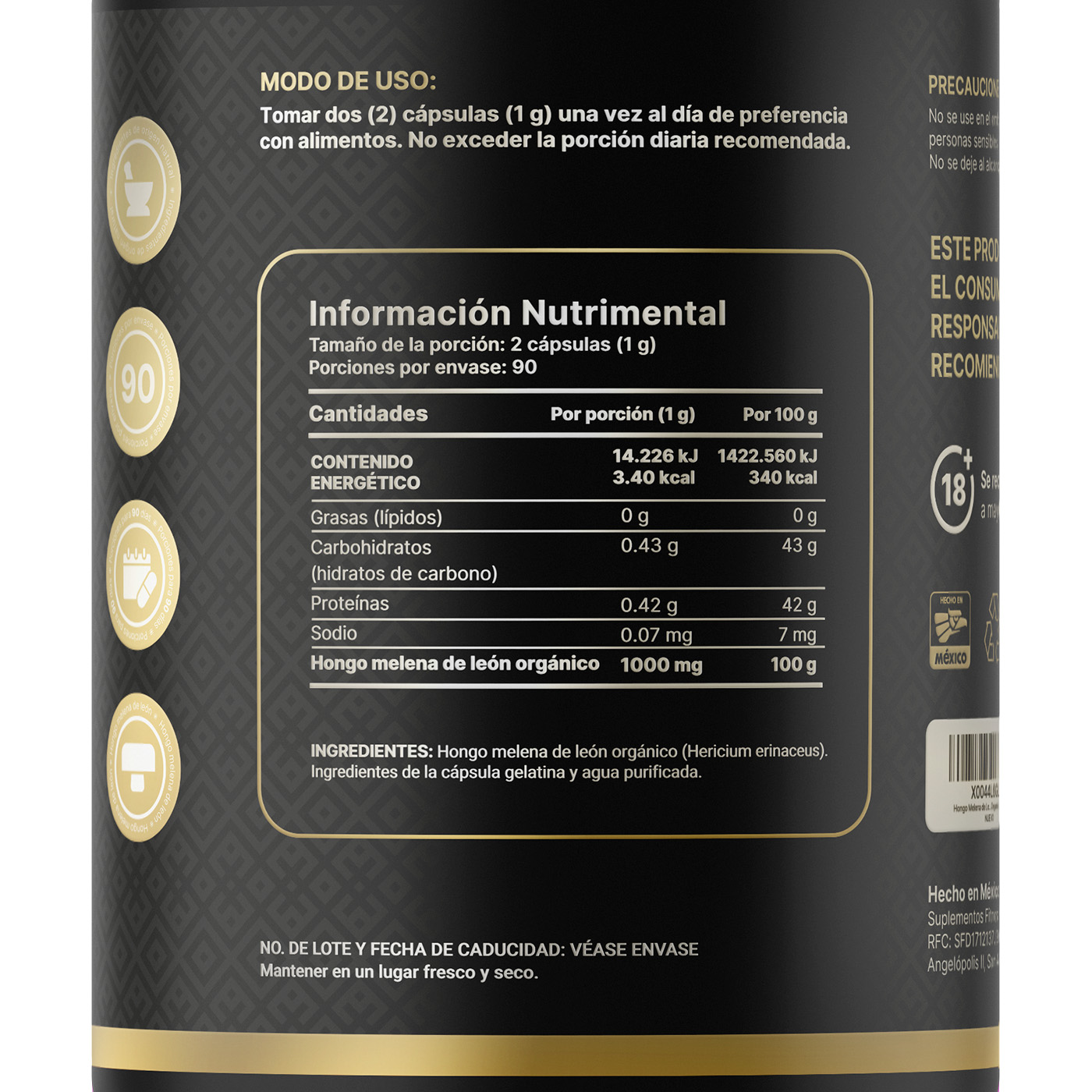 Foto 2 | Hongo Melena De León | 100% Orgánico 1000 Mg Por Porción | 180 Cápsulas. Organic Lions Mane B Life.