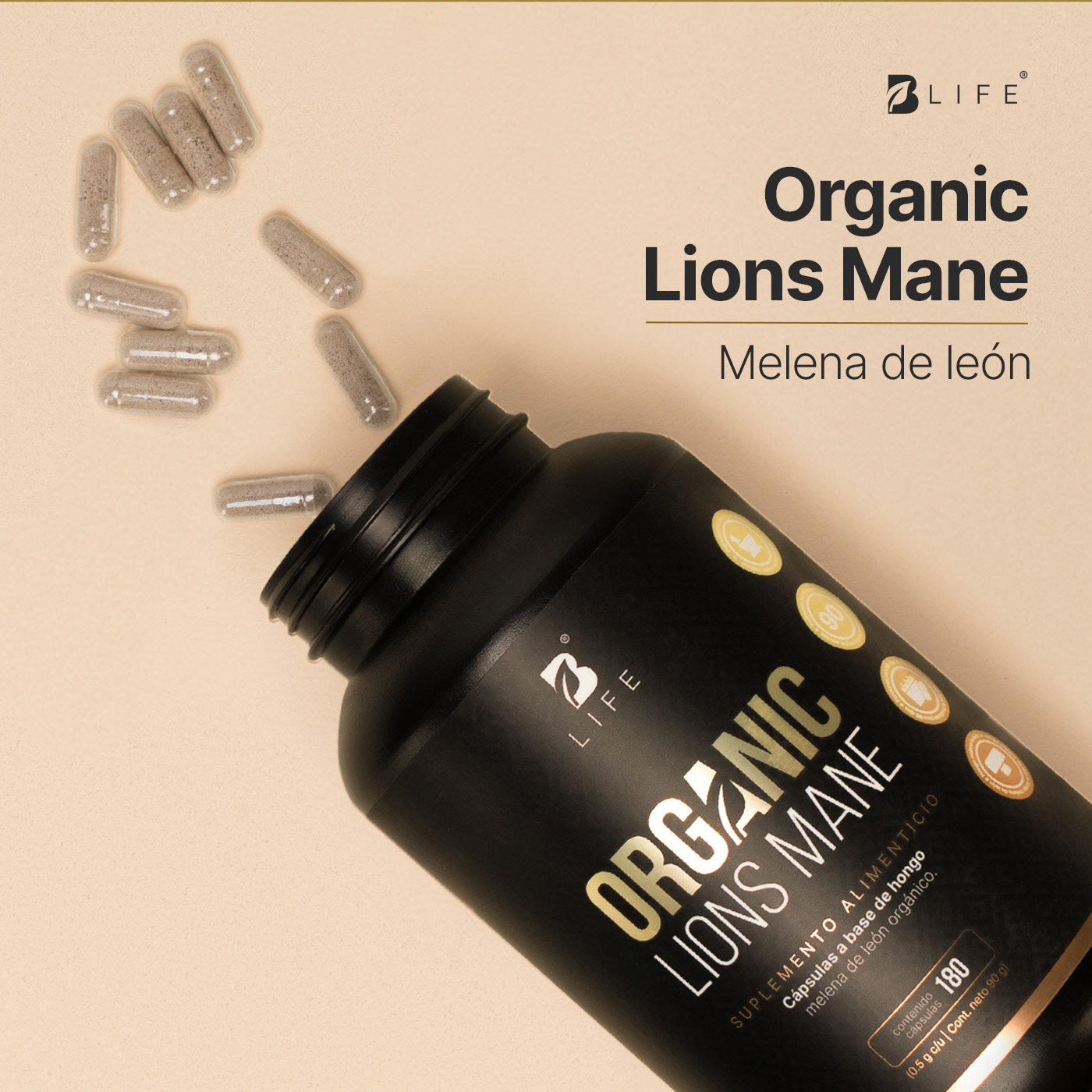 Foto 5 pulgar | Hongo Melena De León | 100% Orgánico 1000 Mg Por Porción | 180 Cápsulas. Organic Lions Mane B Life.