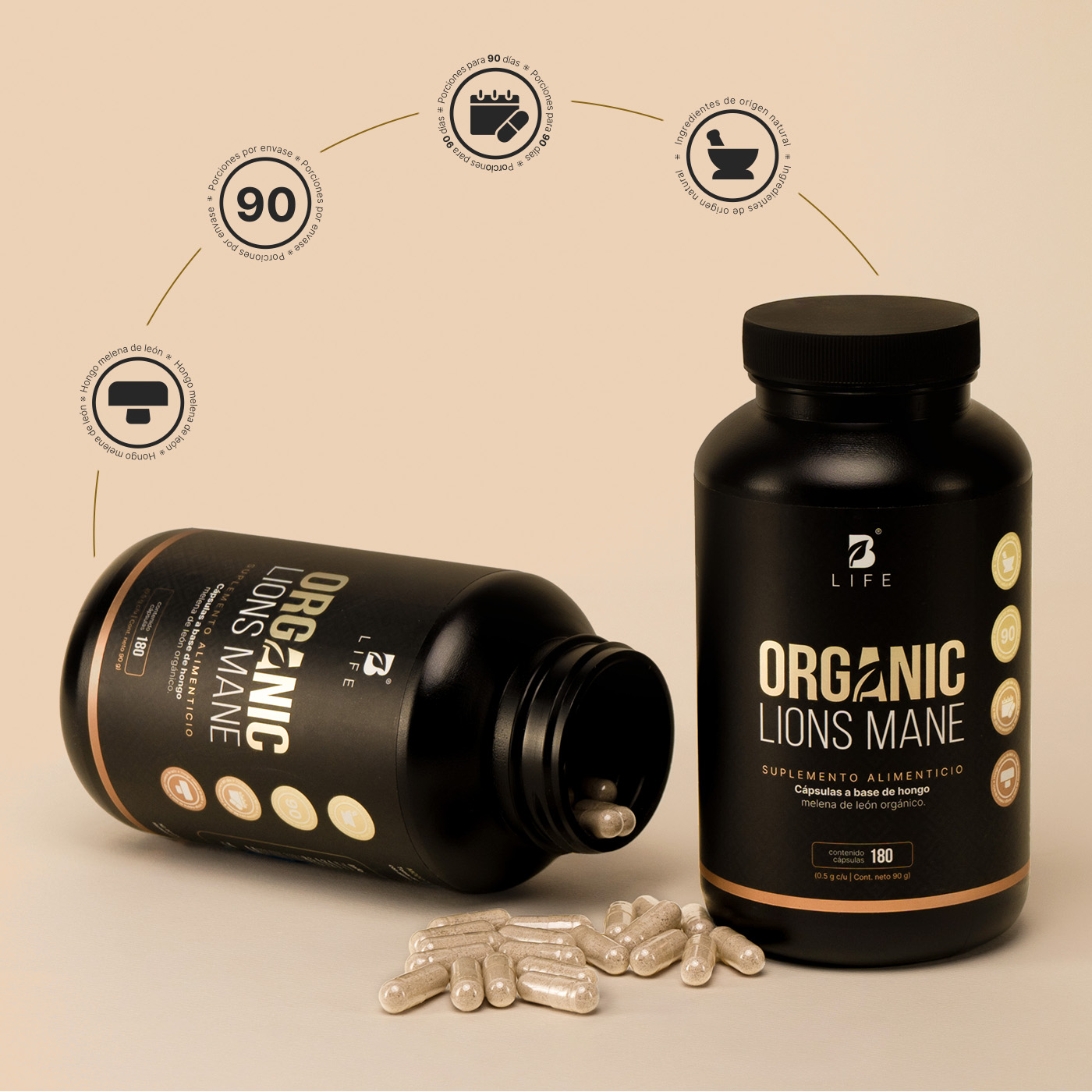 Foto 7 | Hongo Melena De León | 100% Orgánico 1000 Mg Por Porción | 180 Cápsulas. Organic Lions Mane B Life.