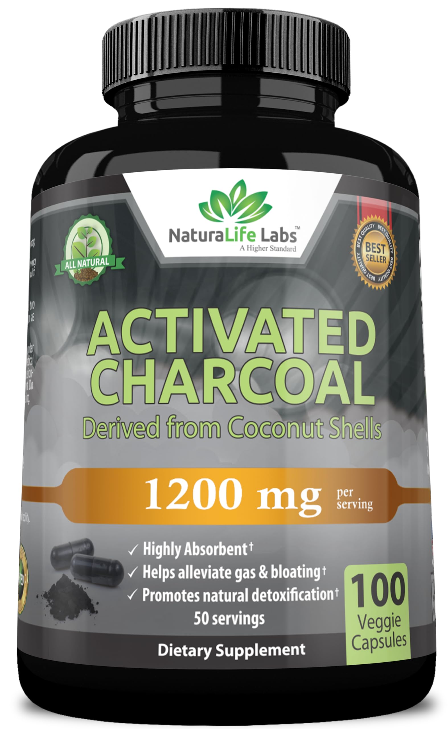 Cápsulas De Carbón Activado Naturalife Labs, 1200 Mg, 100% Veganas - Venta Internacional.