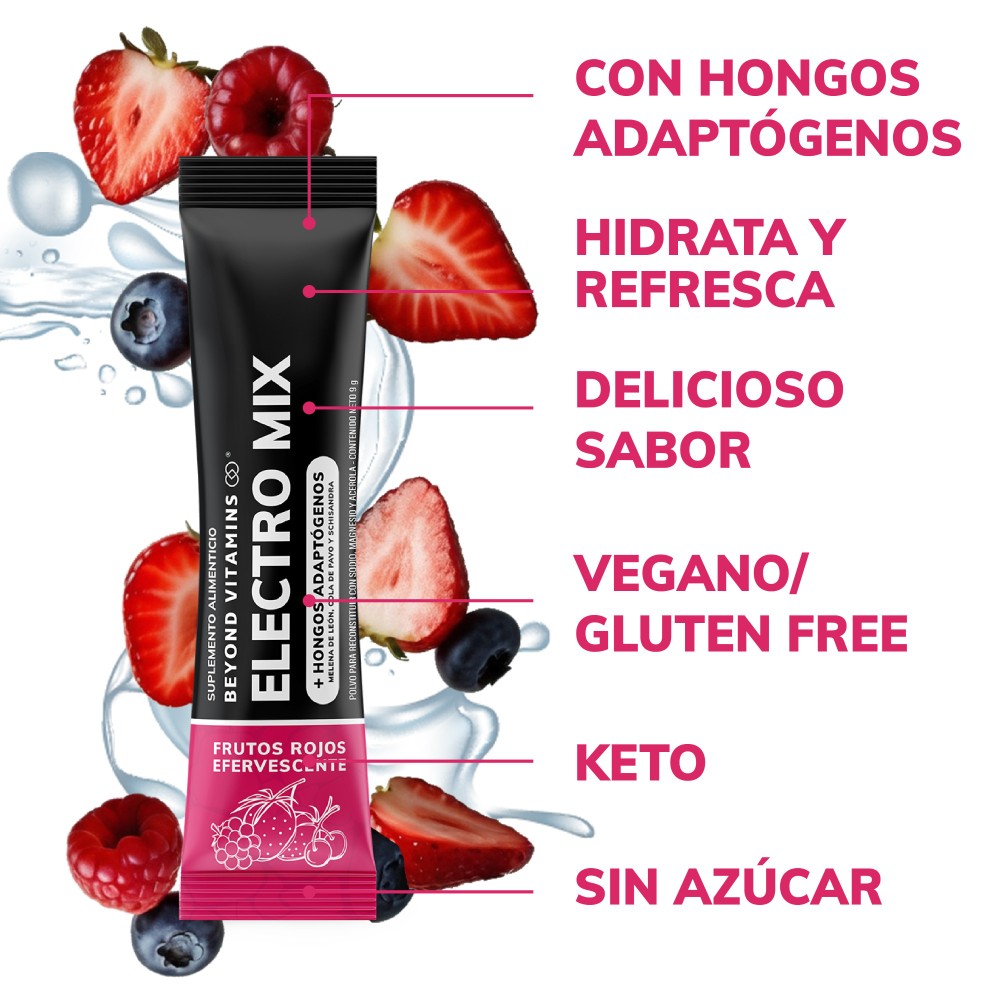 Foto 7 pulgar | Suplemento Alimenticio Beyond Vitamins Electrolitos Sin Azúcar En Polvo Frutos Rojos Efervescente Con Hongos 20 Sticks