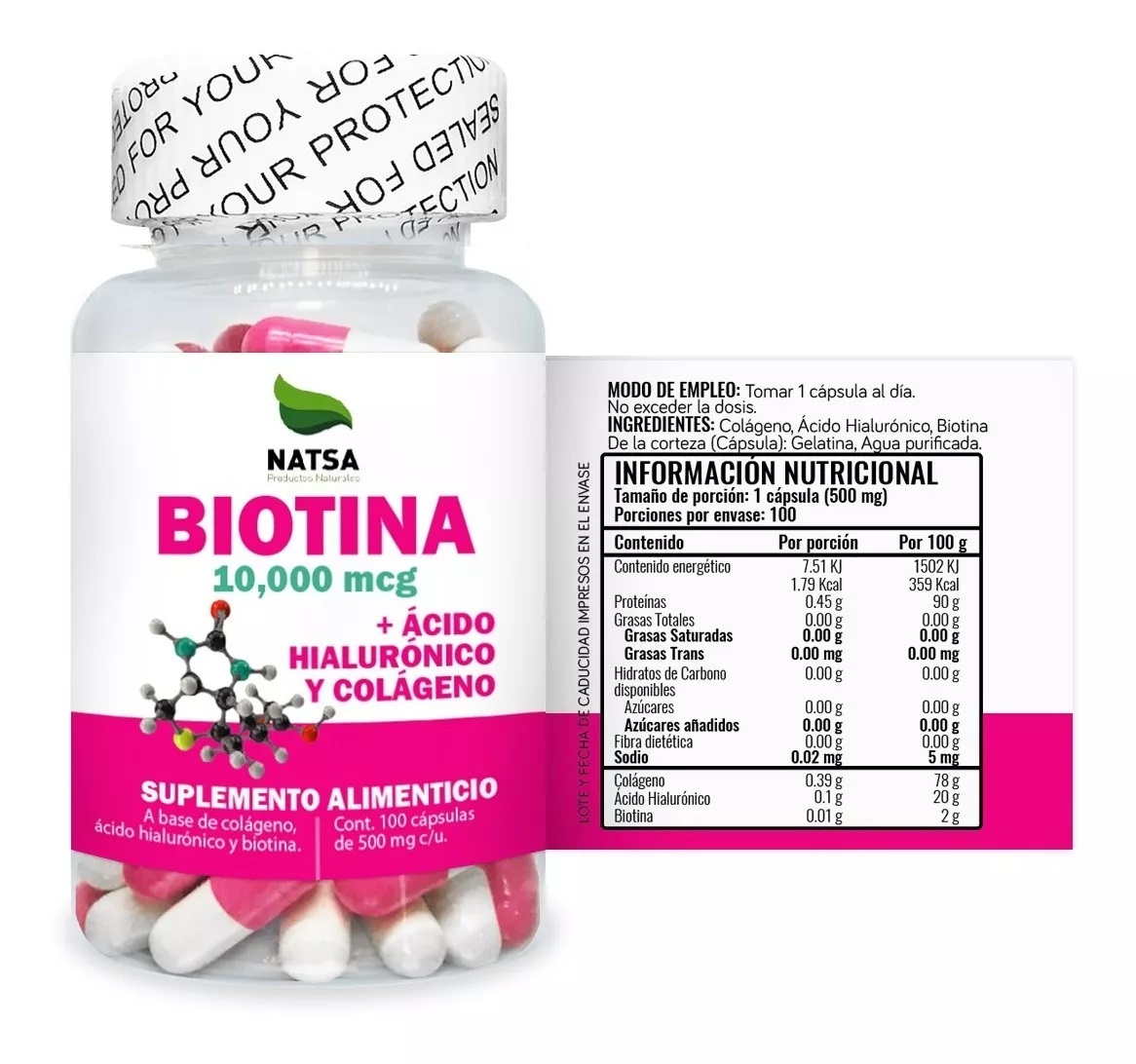Foto 2 | Biotina Con Ácido Hialurónico Y Colágeno Natsa 100 Cápsulas