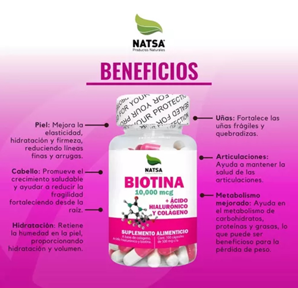 Foto 4 pulgar | Biotina Con Ácido Hialurónico Y Colágeno Natsa 100 Cápsulas