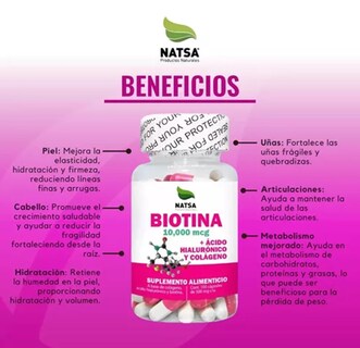 Foto 3 | Biotina Con Ácido Hialurónico Y Colágeno Natsa 100 Cápsulas