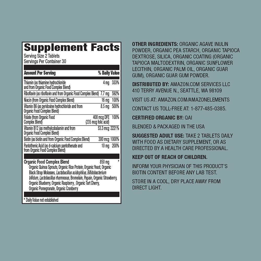 Foto 4 pulgar | Suplemento Amazon Elements Organic Whole Food B Complex 60 Comprimidos - Venta Internacional.
