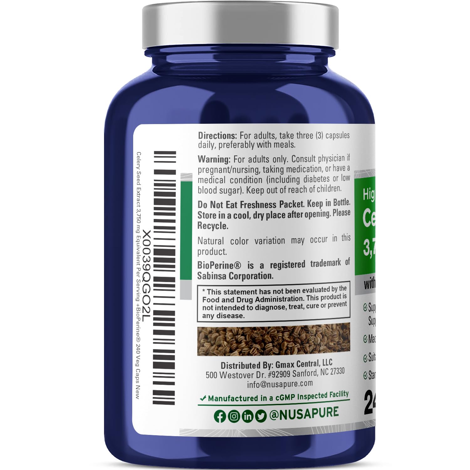 Foto 4 pulgar | Suplemento De Extracto De Semilla De Apio Nusapure 3750 Mg 240 Cápsulas - Venta Internacional.