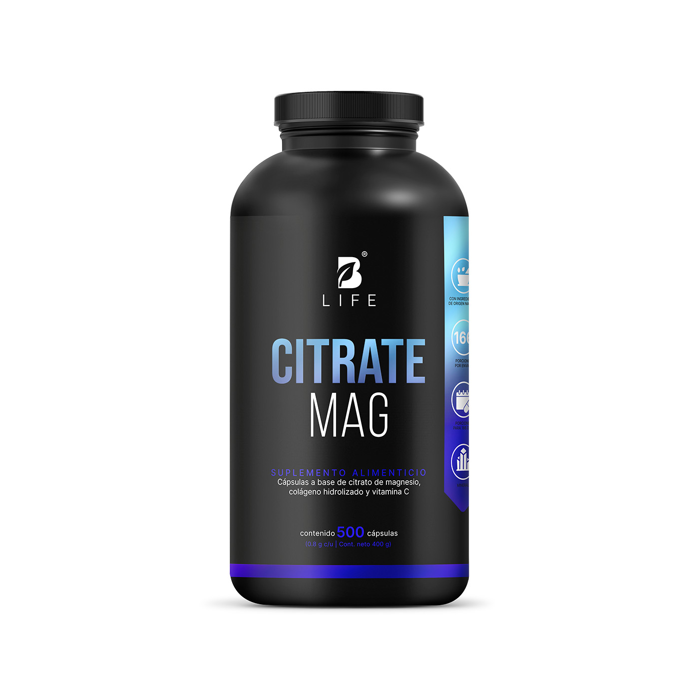 Citrato De Magnesio Puro | 2400mg Por Porción | 500 Cápsulas | Alta Absorción | Citrate Mag B Life.