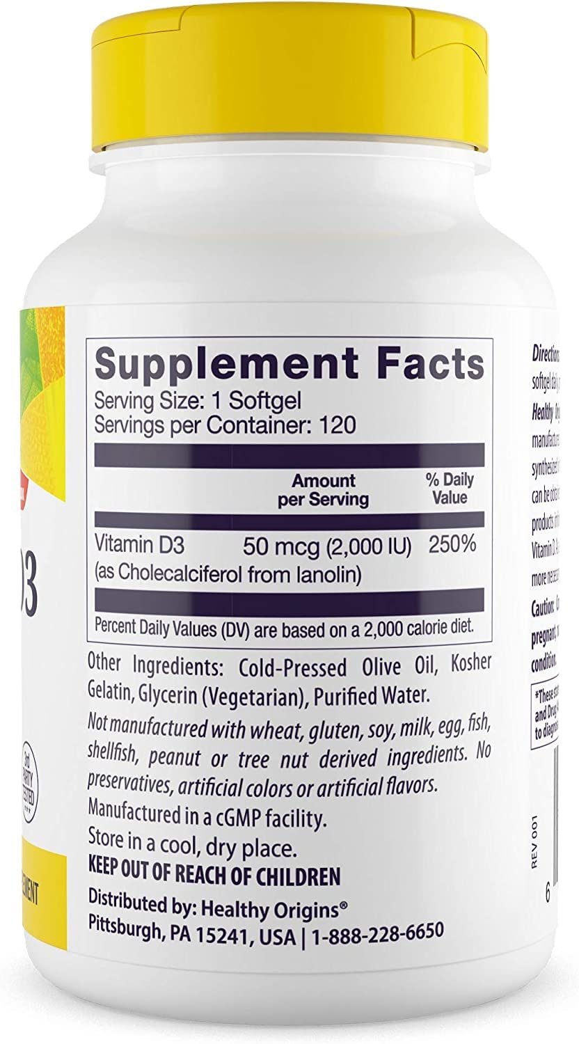 Foto 2 | Suplemento De Vitamina D3 De Healthy Origins, 2000 Ui, 120 Cápsulas Blandas - Venta Internacional.