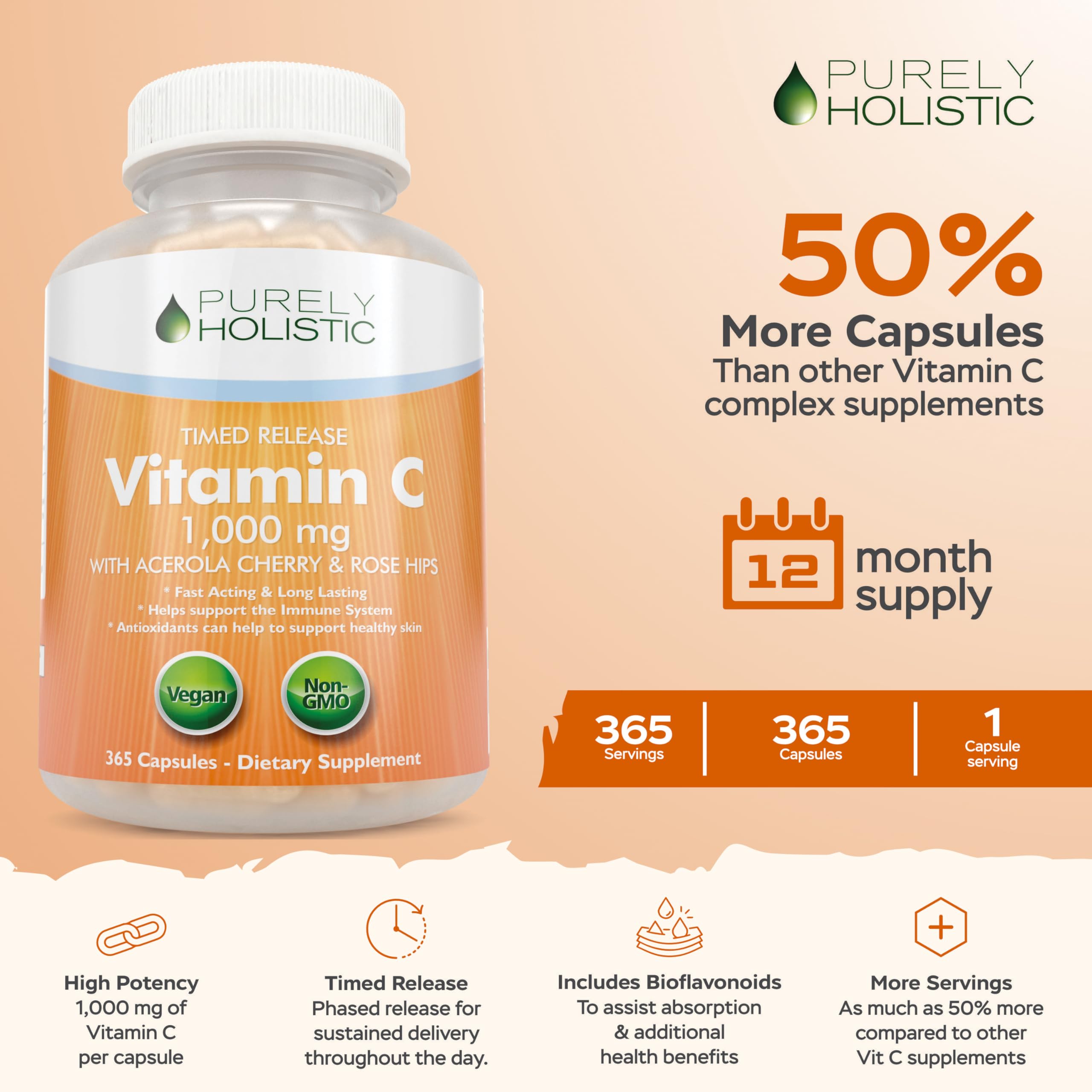 Foto 3 pulgar | Suplemento De Vitamina C Puramente Holística, 1000 Mg, 365 Cápsulas - Venta Internacional.