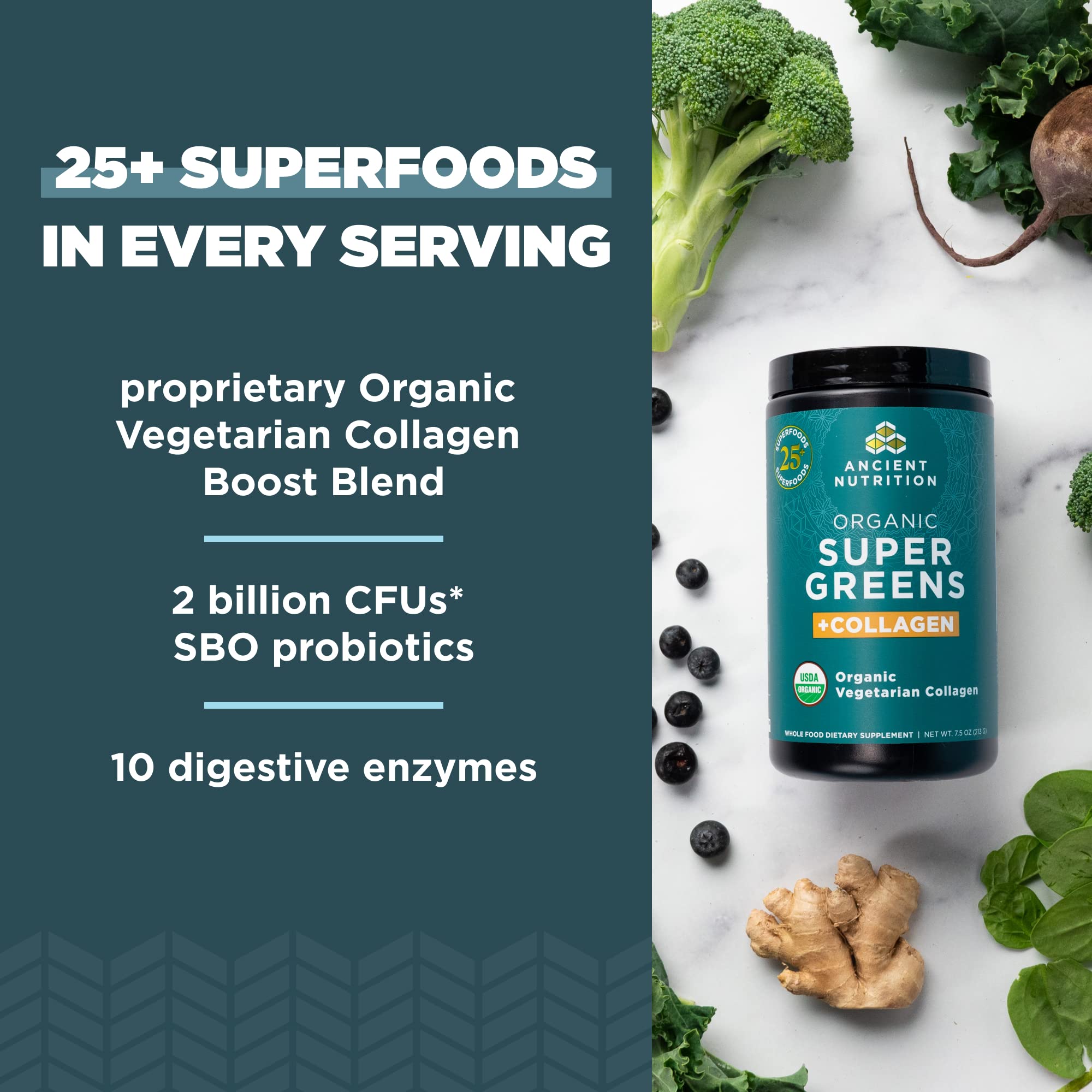 Foto 4 pulgar | Supergreens en Polvo Ancient Nutrition con Colágeno 220 ml - Venta Internacional
