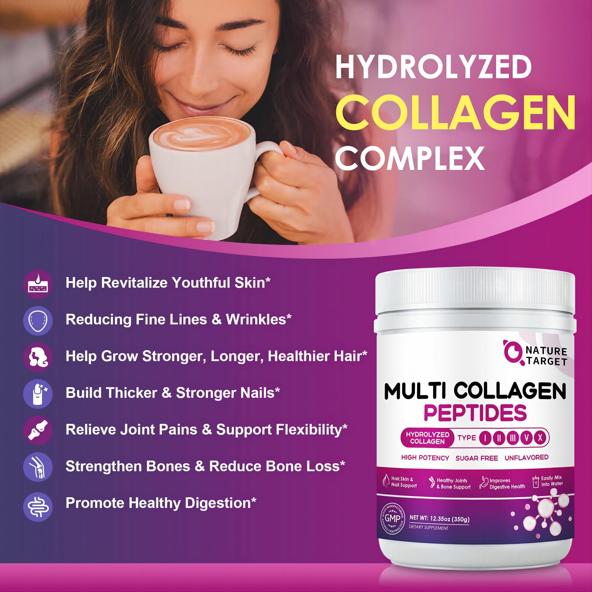 Foto 3 | Péptidos de Colágeno en Polvo Nature Target Multi Type I, Ii, Iii, V, X 350 g - Venta Internacional