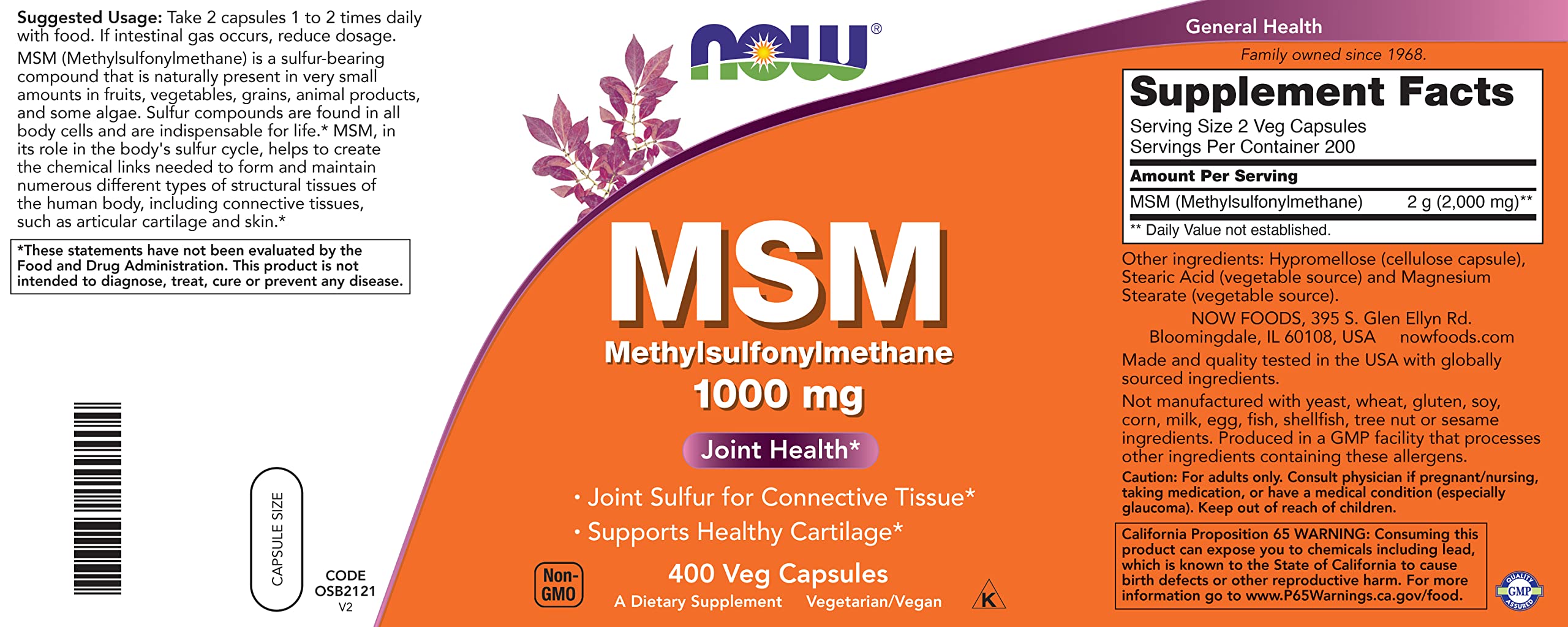 Foto 5 pulgar | Suplemento Now Foods Msm 2 Piezas de 400 Cápsulas-Venta Internacional