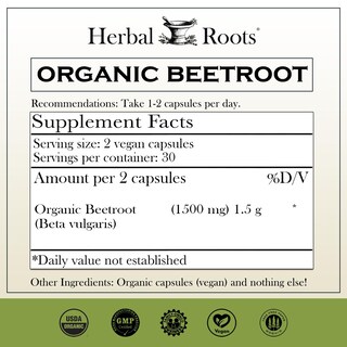 Foto 2 | Suplemento Herbal Roots En Polvo Orgánico De Raíz De Remolacha 60 Cápsulas - Venta Internacional.