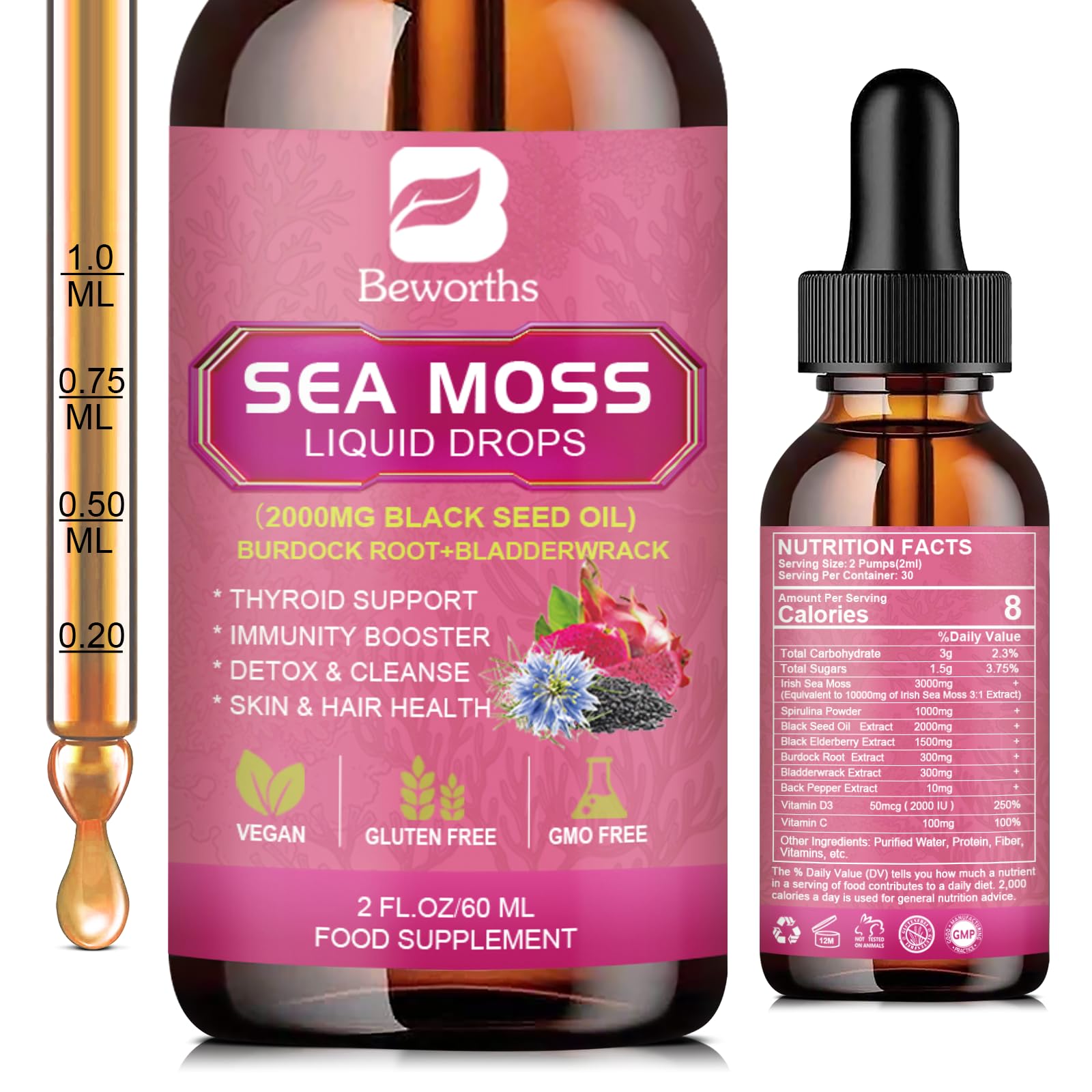 Foto 2 pulgar | Suplemento B Beworths Sea Moss Liquid Drops 3000 Mg - Venta Internacional.