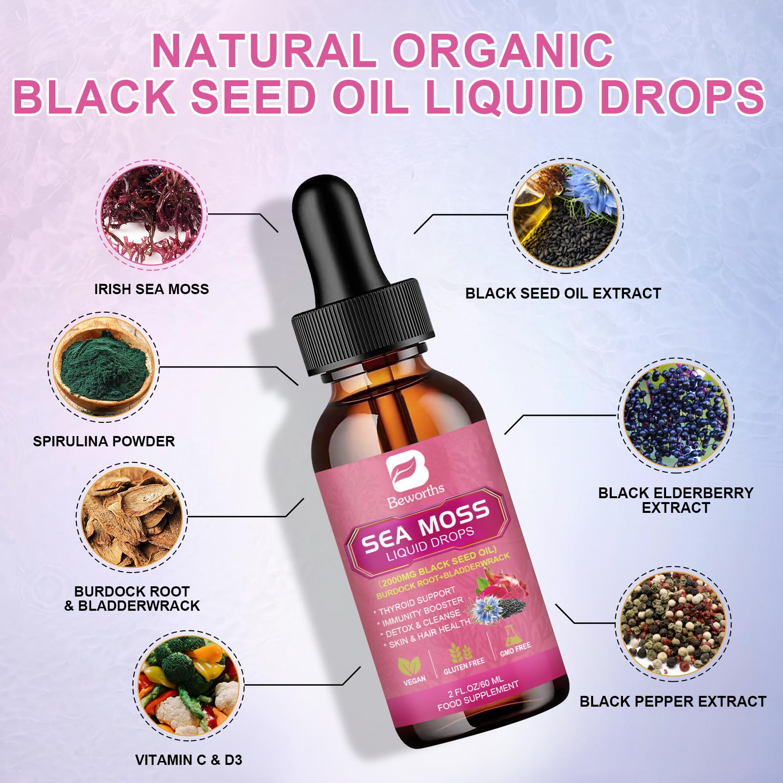 Foto 3 pulgar | Suplemento B Beworths Sea Moss Liquid Drops 3000 Mg - Venta Internacional.