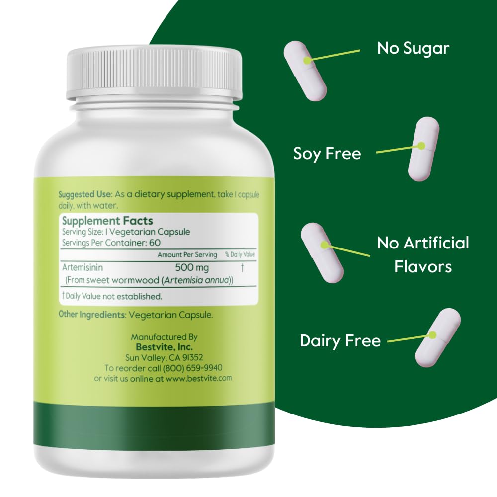 Foto 3 pulgar | Suplemento Bestvite Artemisinina 500 Mg 60 Cápsulas Veganas - Venta Internacional.