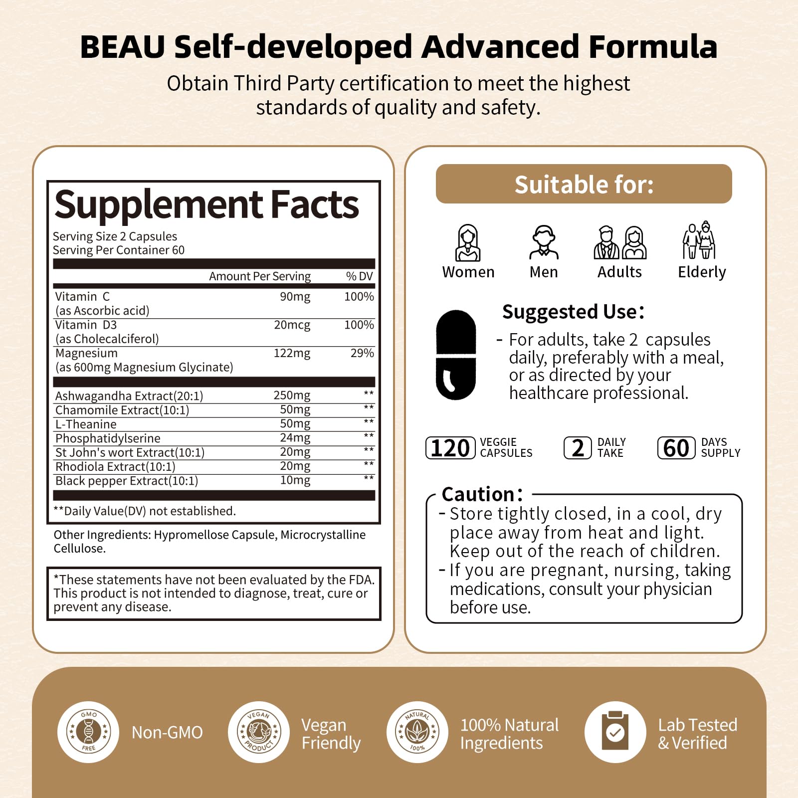 Foto 5 pulgar | Suplemento Bbeeaauu Cortisol Reducer Manager 120 Cápsulas - Venta Internacional.