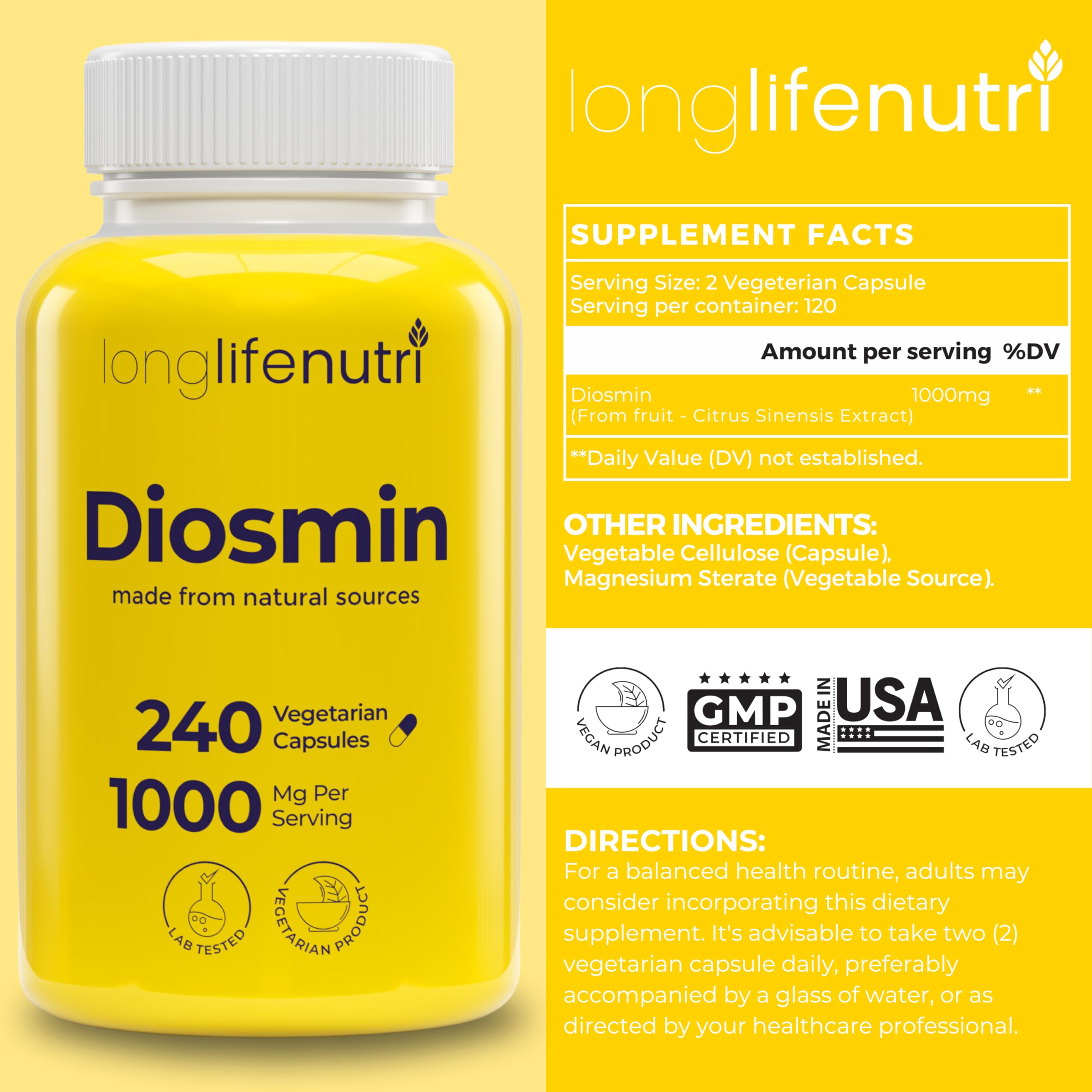 Foto 3 pulgar | Suplemento Longlifenutri Diosmin 1000 Mg 240 Cápsulas - Venta Internacional.