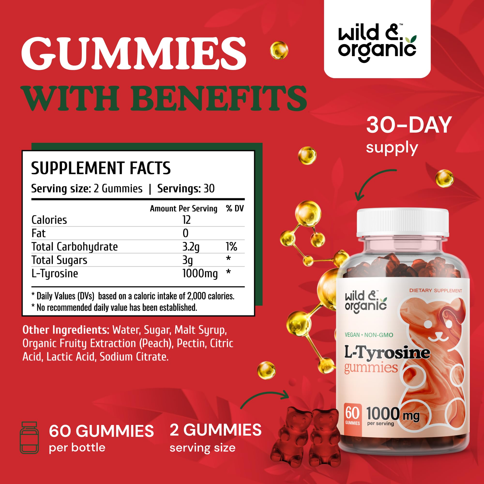 Foto 4 pulgar | Suplemento: Gomitas De L-tirosina, 1000 Mg, 60 Masticables, De La Marca Wild & Organic - Venta Internacional.