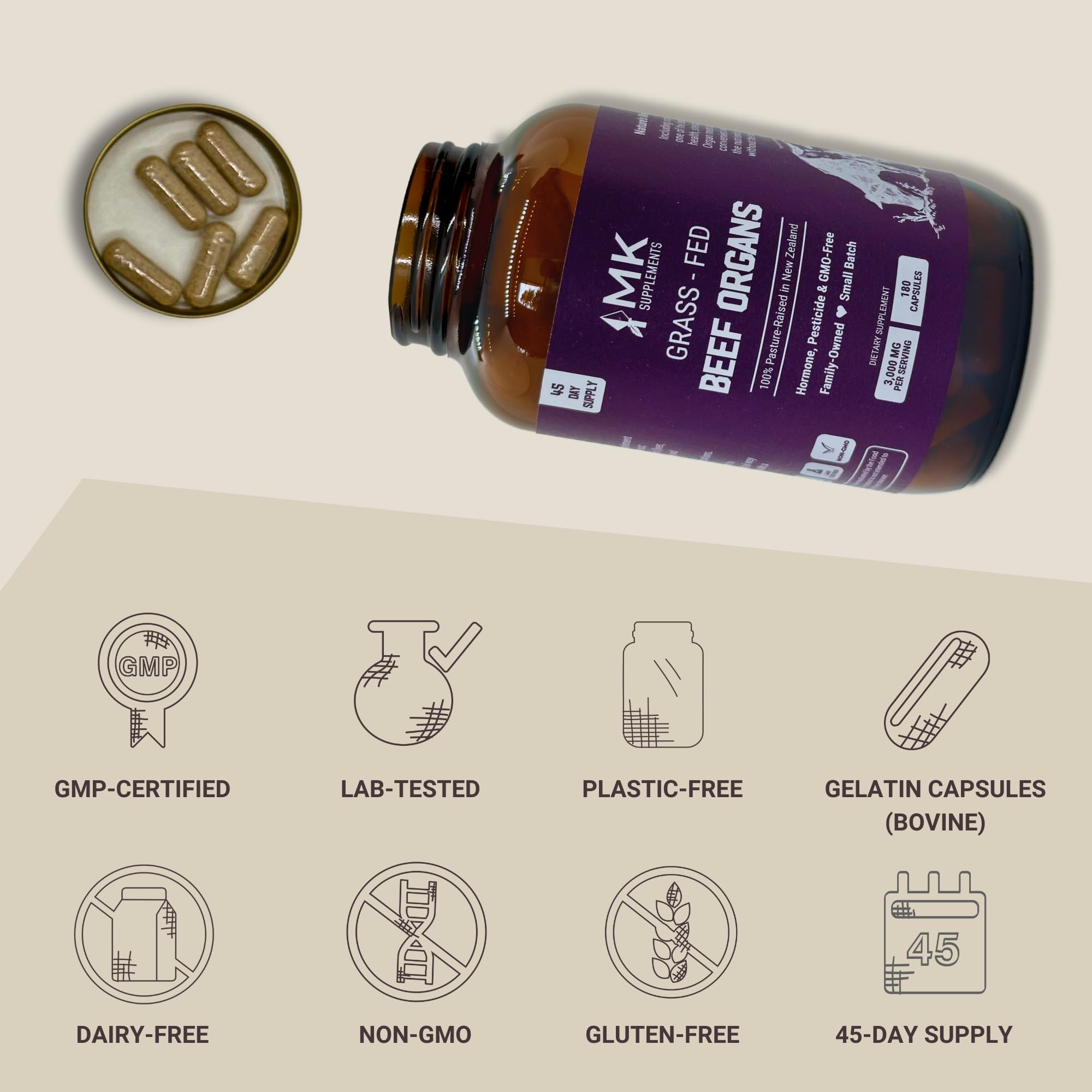 Foto 3 pulgar | Suplemento Mk Supplements Órganos De Ternera Alimentados Con Pasto 3000 Mg 180 Cápsulas - Venta Internacional.
