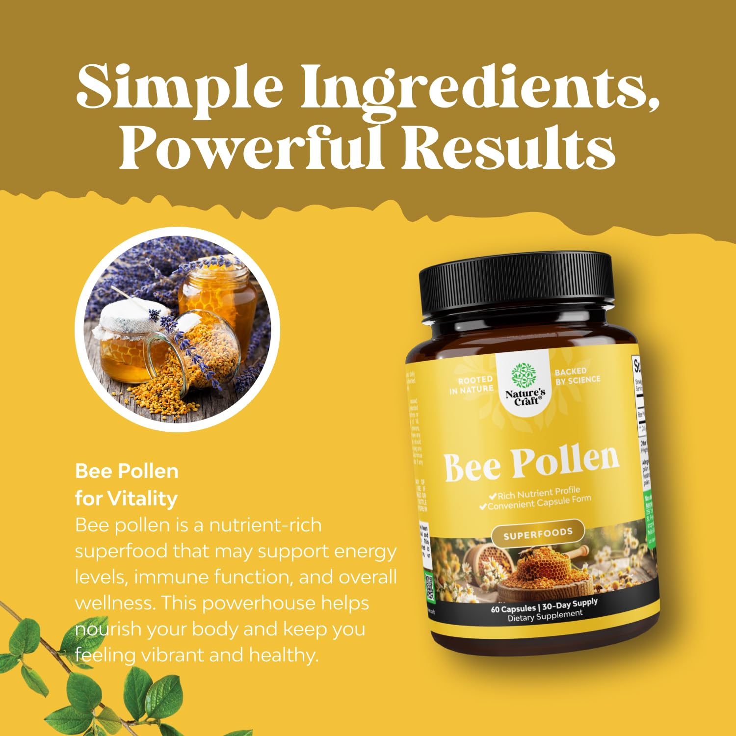 Foto 5 pulgar | Suplemento De Polen De Abeja Natures Craft, Cápsulas De 1000 Mg, 30 Porciones - Venta Internacional.