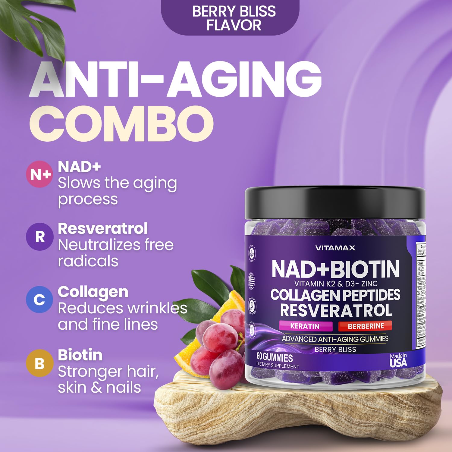Foto 5 pulgar | Suplemento Vitamax Anti-aging Gummy Nad+, Resveratrol 60 Unidades - Venta Internacional.