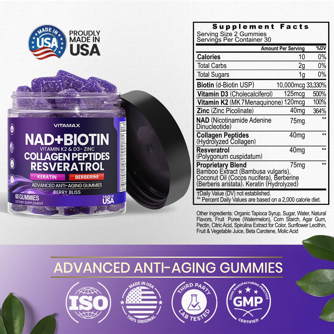 Foto 6 pulgar | Suplemento Vitamax Anti-aging Gummy Nad+, Resveratrol 60 Unidades - Venta Internacional.