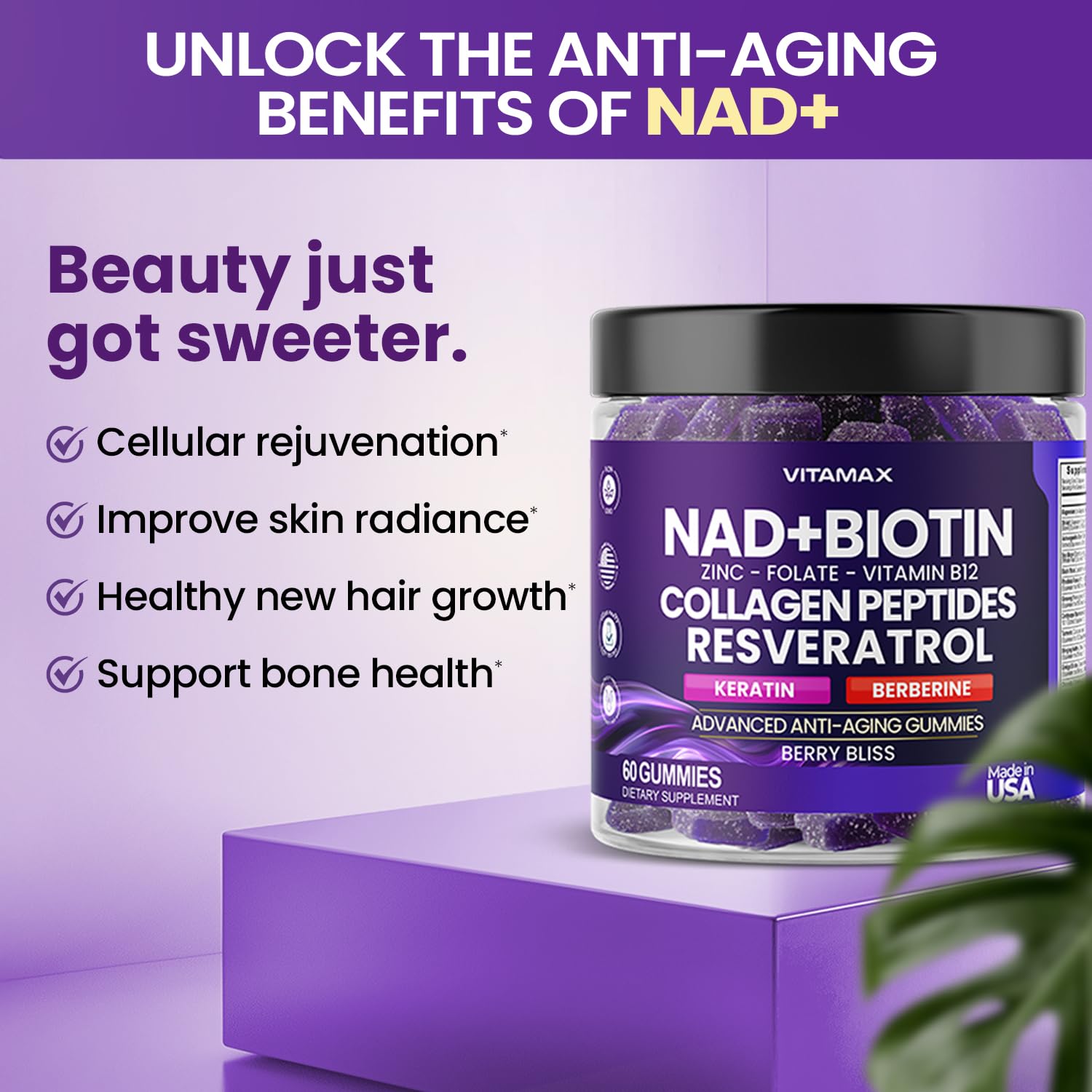 Foto 7 pulgar | Suplemento Vitamax Anti-aging Gummy Nad+, Resveratrol 60 Unidades - Venta Internacional.