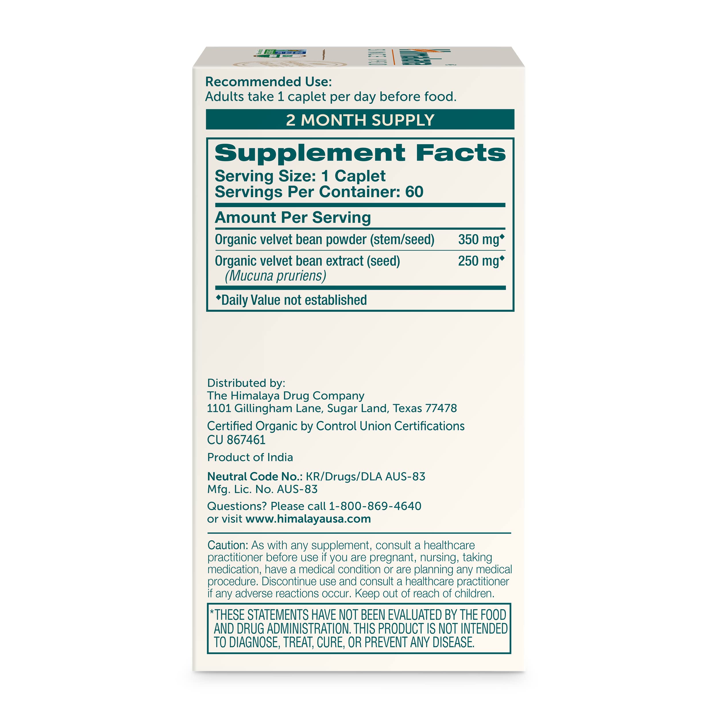 Foto 3 pulgar | Suplemento Himalaya Organic Mucuna/pruriens 600 Mg 60 Cápsulas - Venta Internacional.