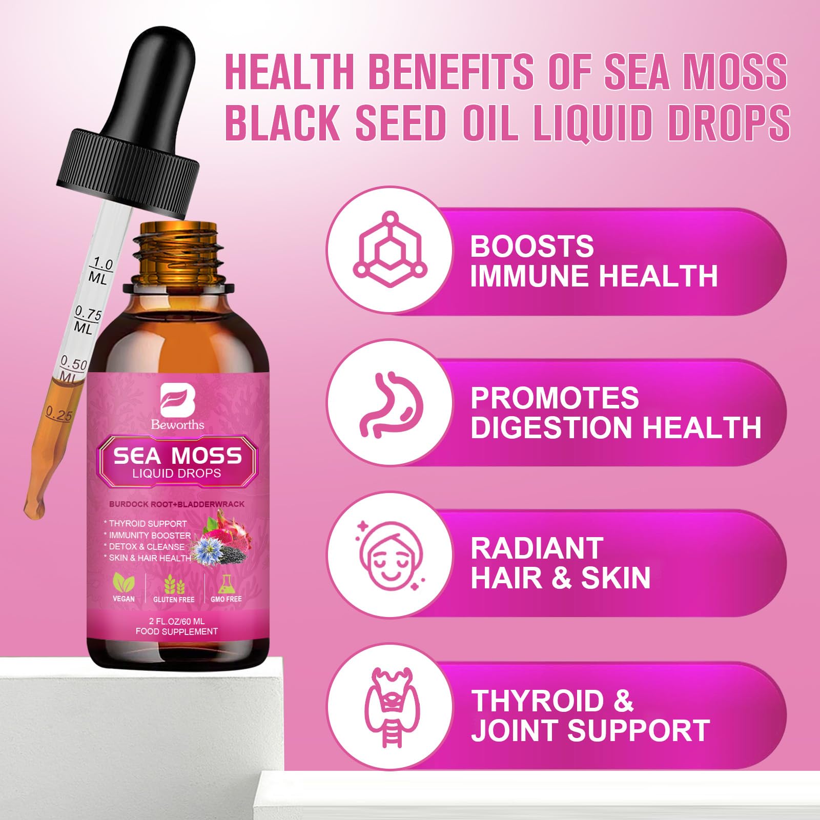 Foto 3 pulgar | Suplemento B Beworths Sea Moss En Gotas Líquidas De 120 Ml Con Aceite De Semillas Negras - Venta Internacional.