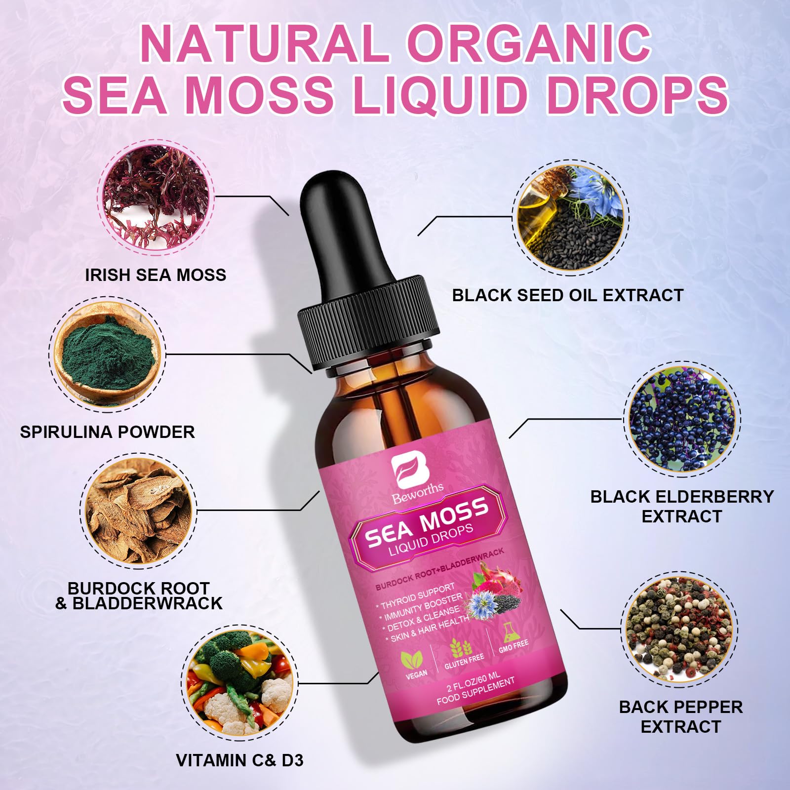 Foto 4 pulgar | Suplemento B Beworths Sea Moss En Gotas Líquidas De 120 Ml Con Aceite De Semillas Negras - Venta Internacional.